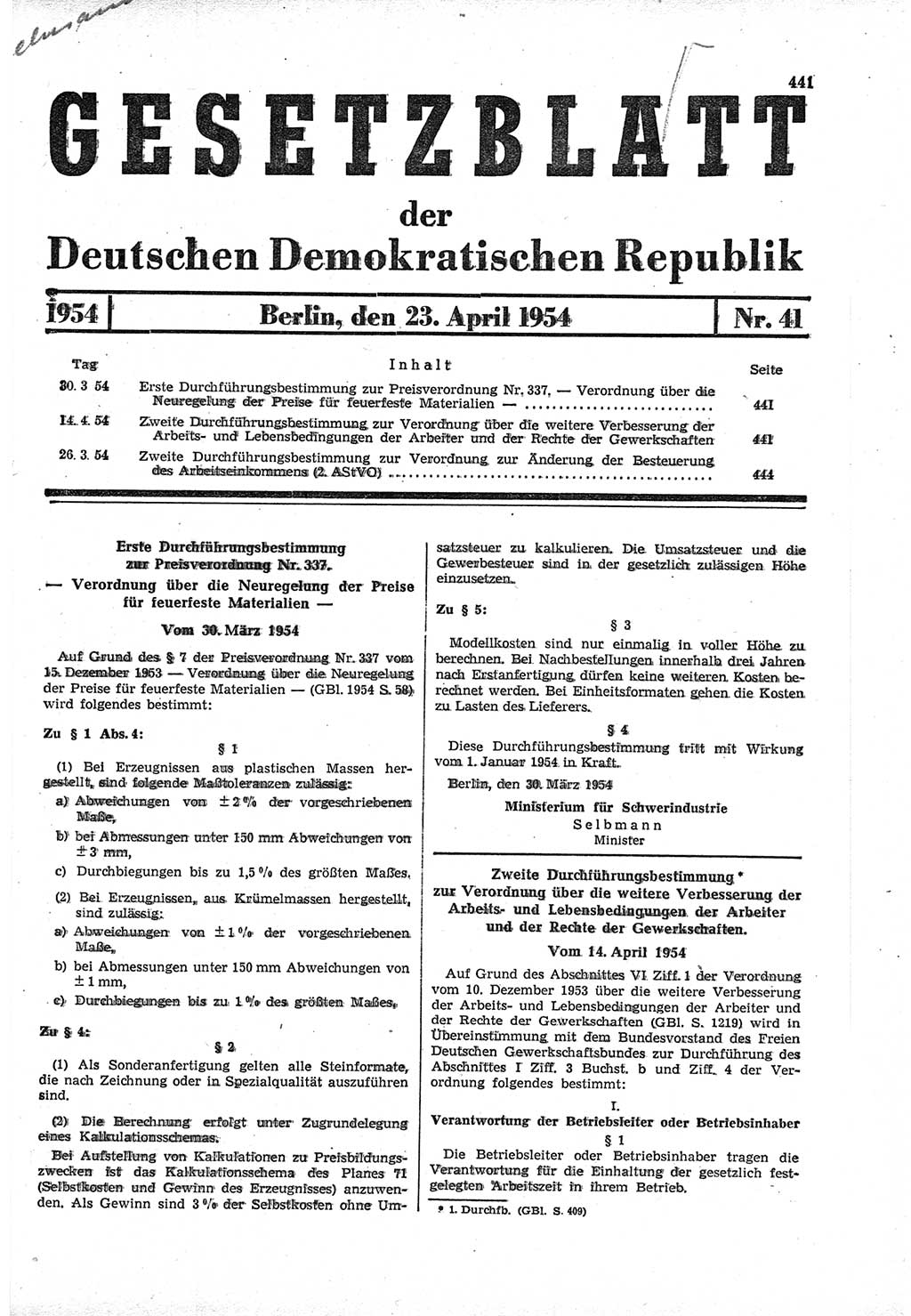 Gesetzblatt (GBl.) der Deutschen Demokratischen Republik (DDR) 1954, Seite 441 (GBl. DDR 1954, S. 441)