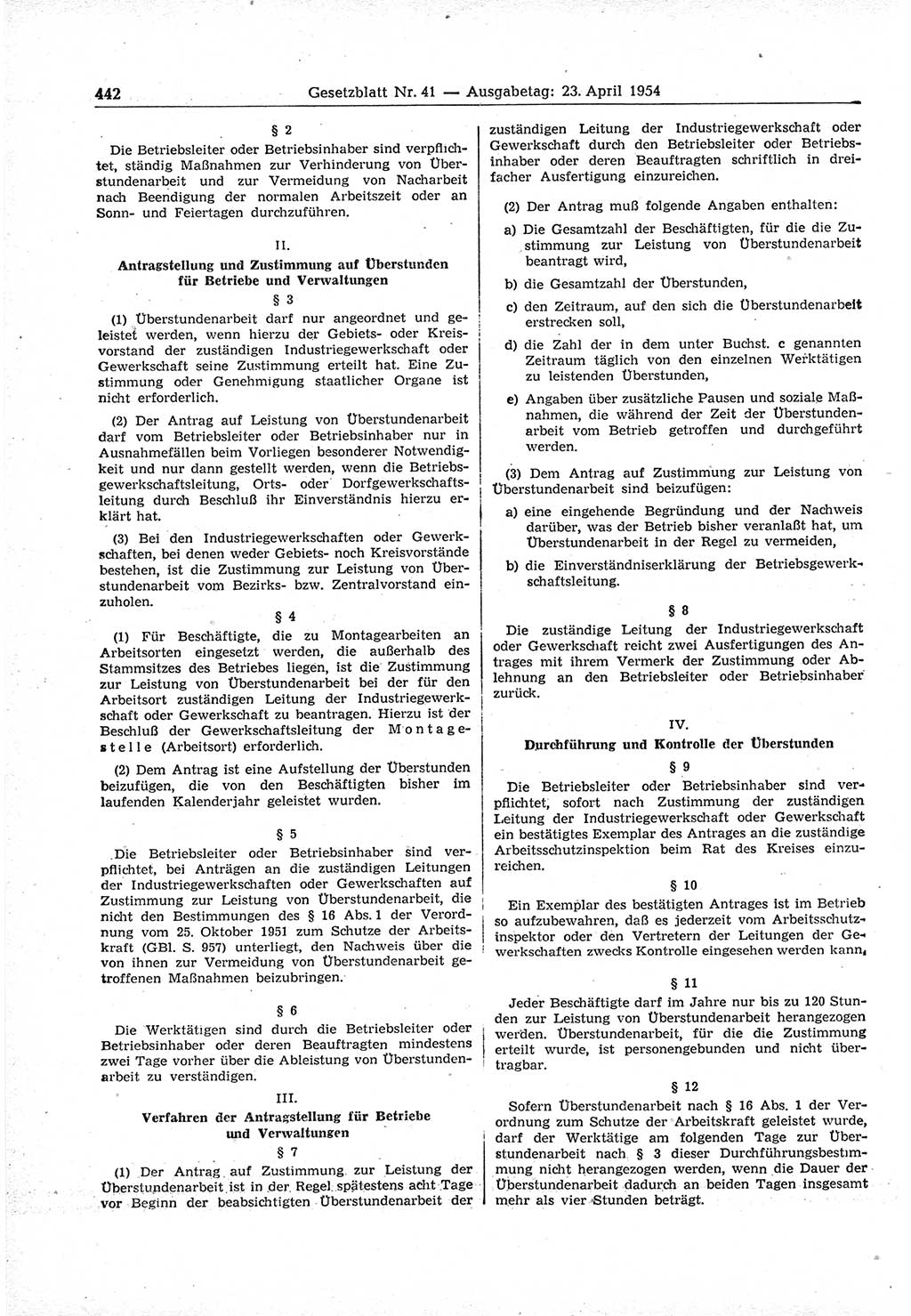 Gesetzblatt (GBl.) der Deutschen Demokratischen Republik (DDR) 1954, Seite 442 (GBl. DDR 1954, S. 442)