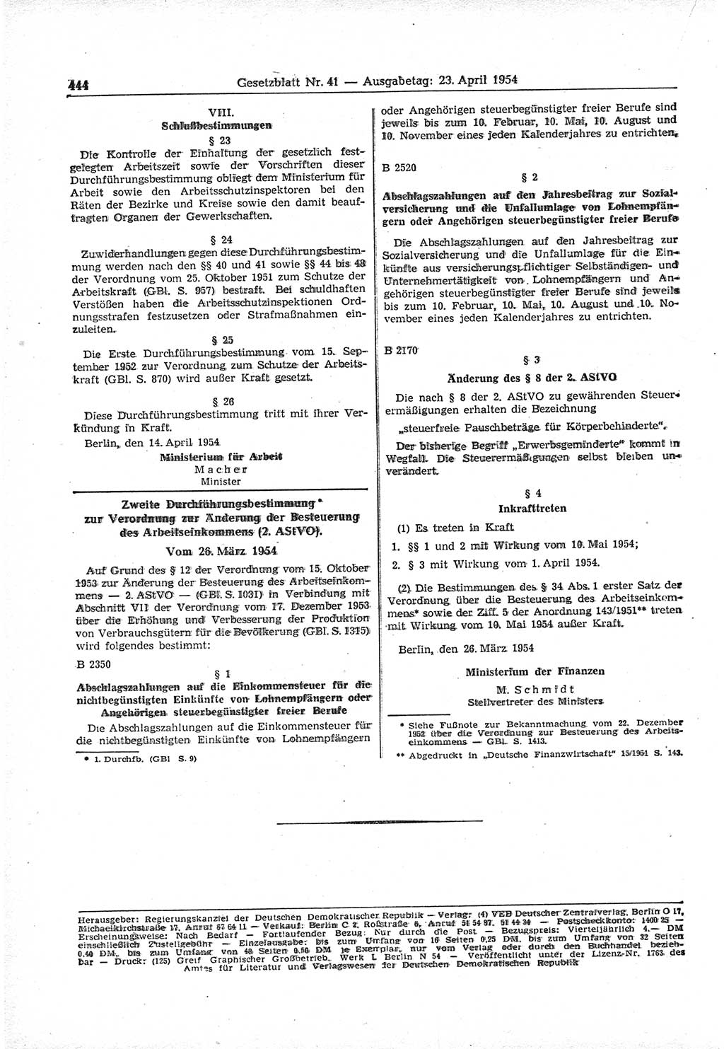 Gesetzblatt (GBl.) der Deutschen Demokratischen Republik (DDR) 1954, Seite 444 (GBl. DDR 1954, S. 444)
