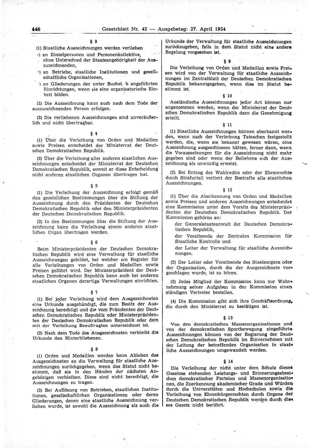 Gesetzblatt (GBl.) der Deutschen Demokratischen Republik (DDR) 1954, Seite 446 (GBl. DDR 1954, S. 446)