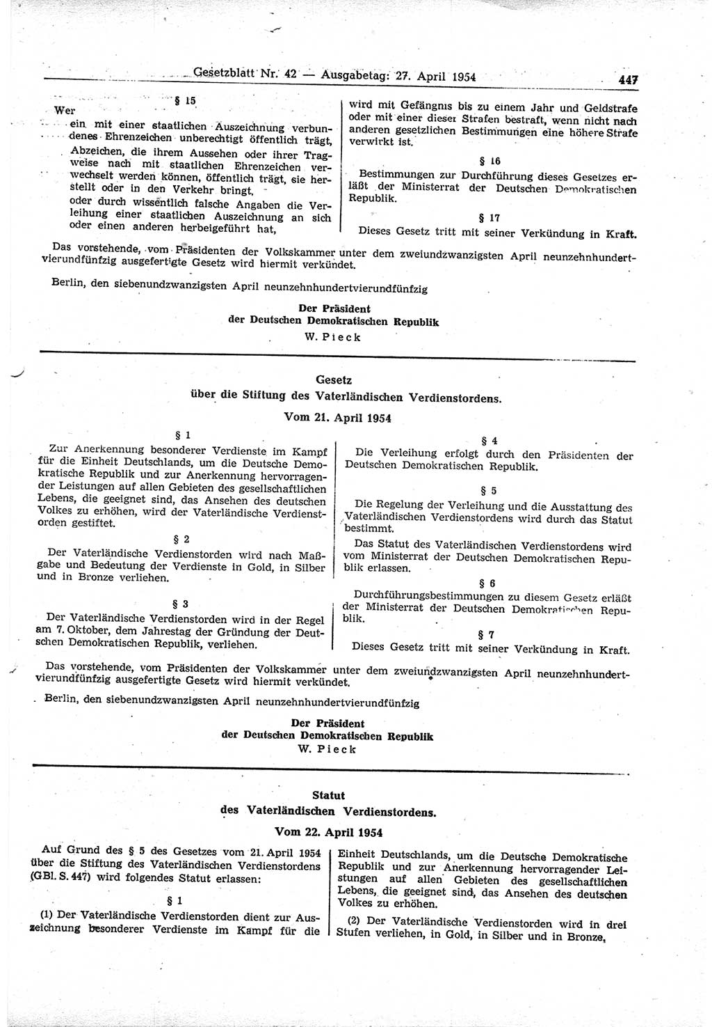 Gesetzblatt (GBl.) der Deutschen Demokratischen Republik (DDR) 1954, Seite 447 (GBl. DDR 1954, S. 447)