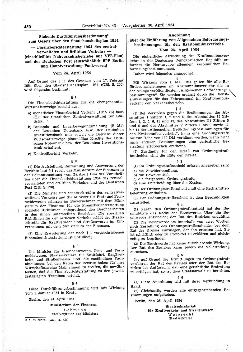 Gesetzblatt (GBl.) der Deutschen Demokratischen Republik (DDR) 1954, Seite 450 (GBl. DDR 1954, S. 450)