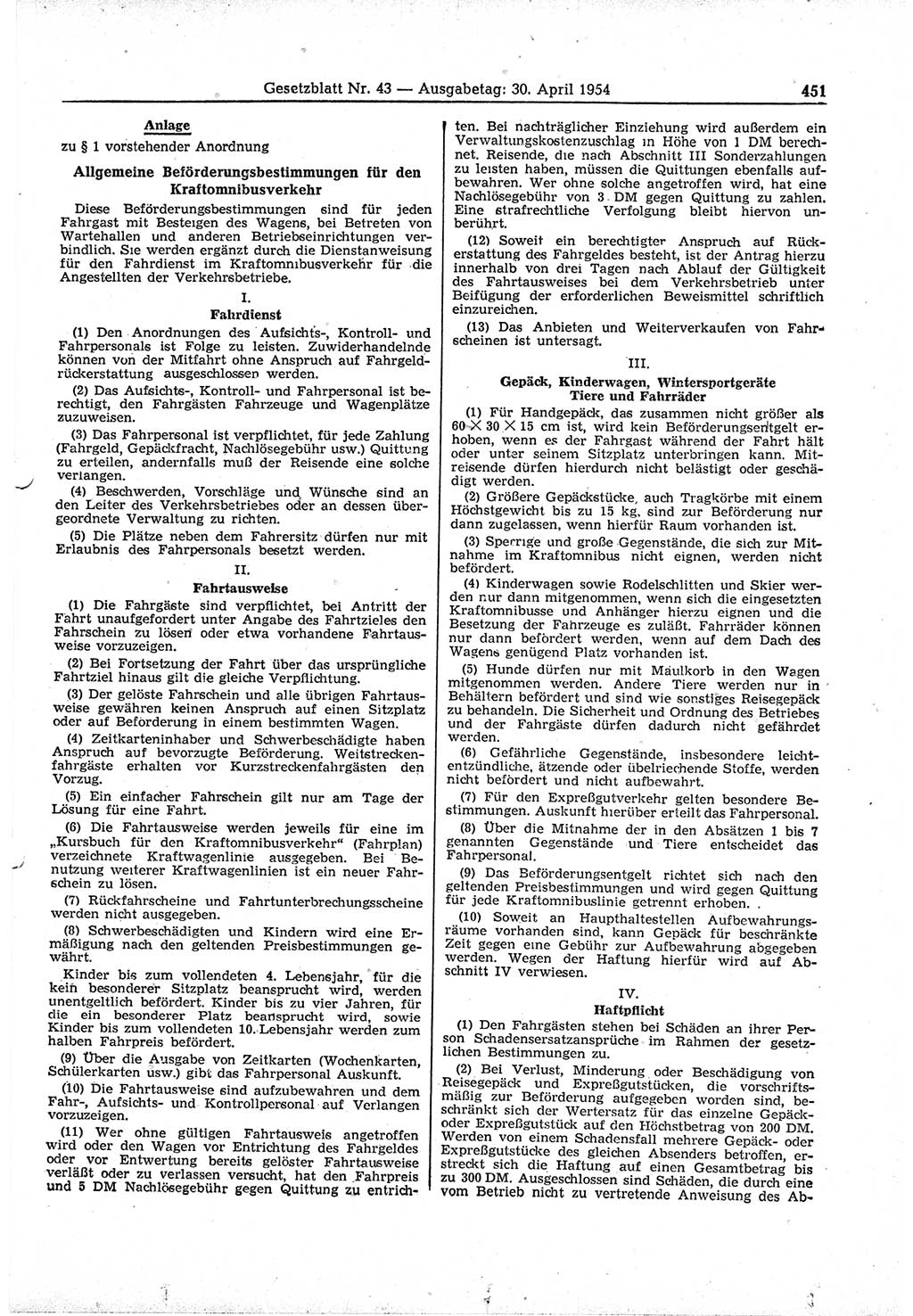 Gesetzblatt (GBl.) der Deutschen Demokratischen Republik (DDR) 1954, Seite 451 (GBl. DDR 1954, S. 451)