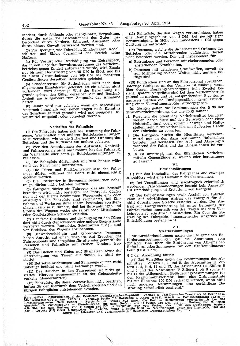 Gesetzblatt (GBl.) der Deutschen Demokratischen Republik (DDR) 1954, Seite 452 (GBl. DDR 1954, S. 452)