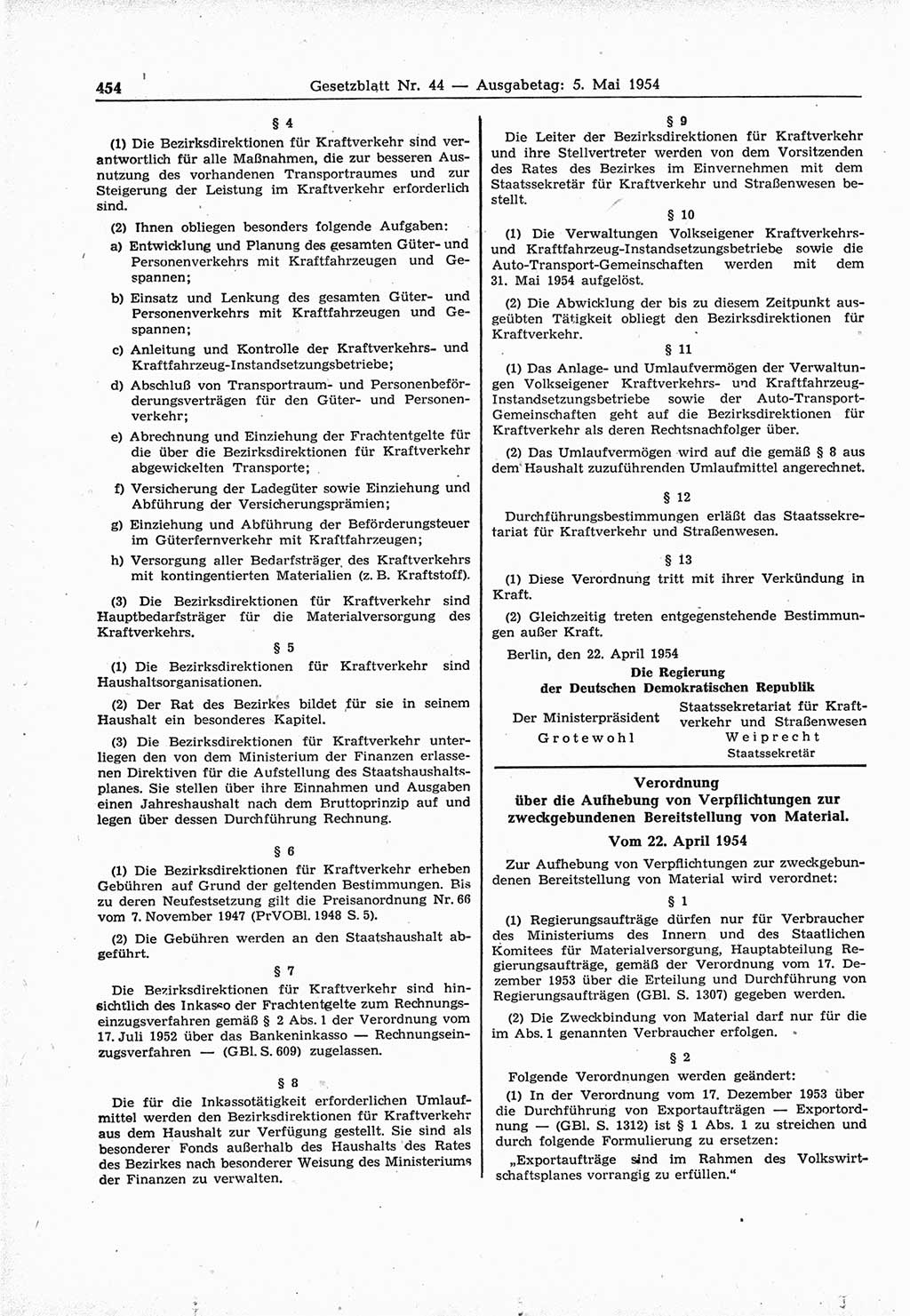 Gesetzblatt (GBl.) der Deutschen Demokratischen Republik (DDR) 1954, Seite 454 (GBl. DDR 1954, S. 454)