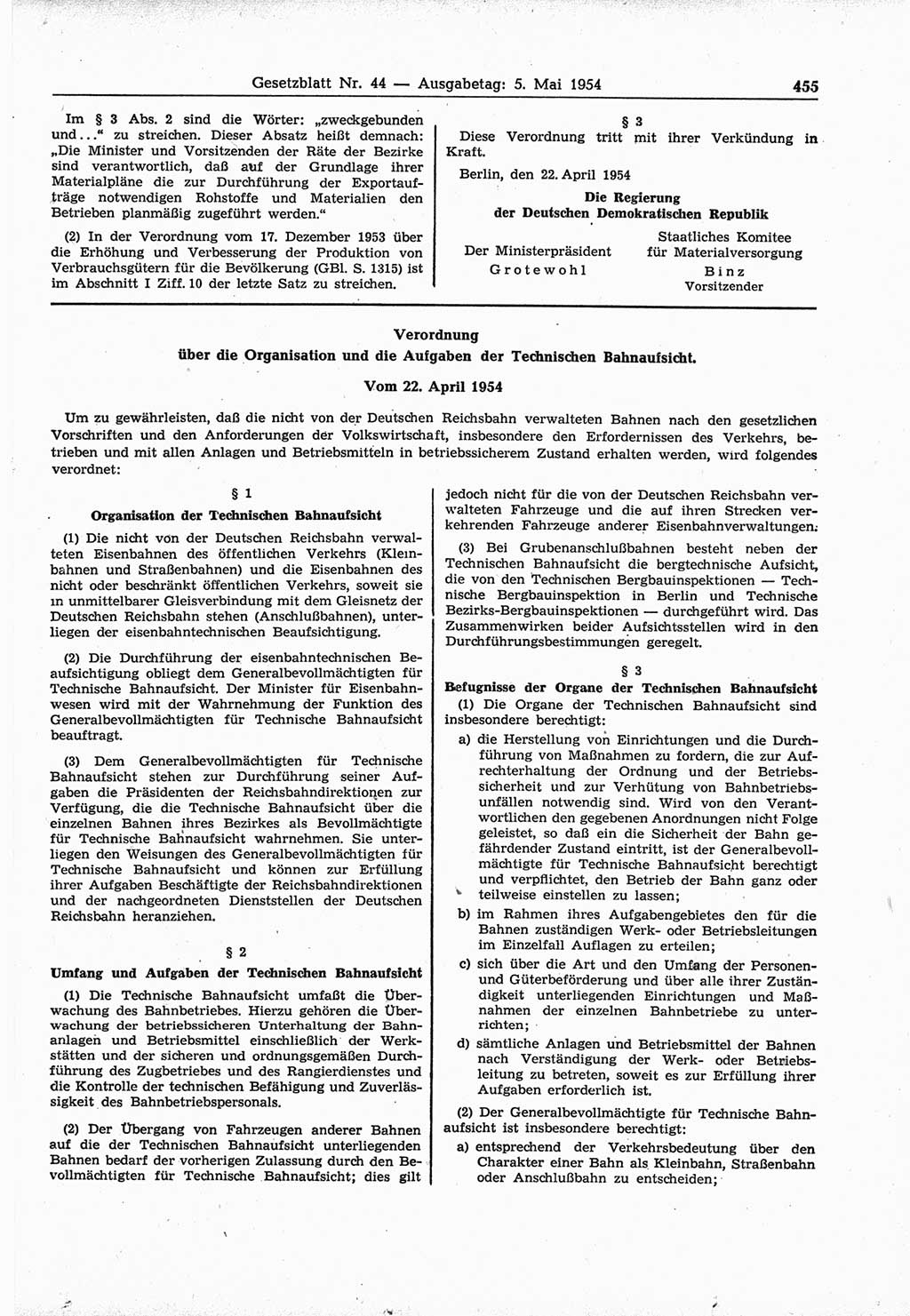 Gesetzblatt (GBl.) der Deutschen Demokratischen Republik (DDR) 1954, Seite 455 (GBl. DDR 1954, S. 455)