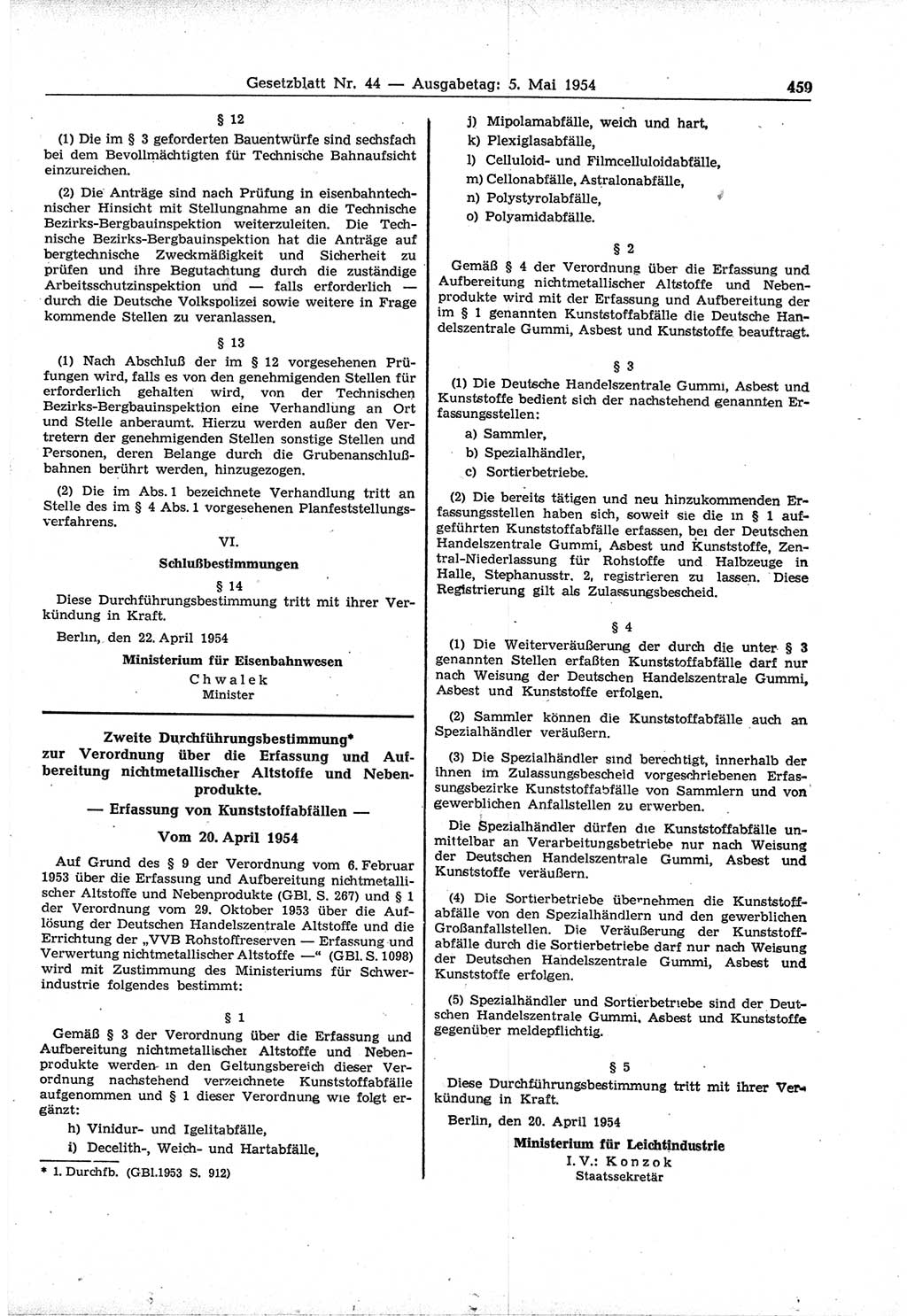 Gesetzblatt (GBl.) der Deutschen Demokratischen Republik (DDR) 1954, Seite 459 (GBl. DDR 1954, S. 459)