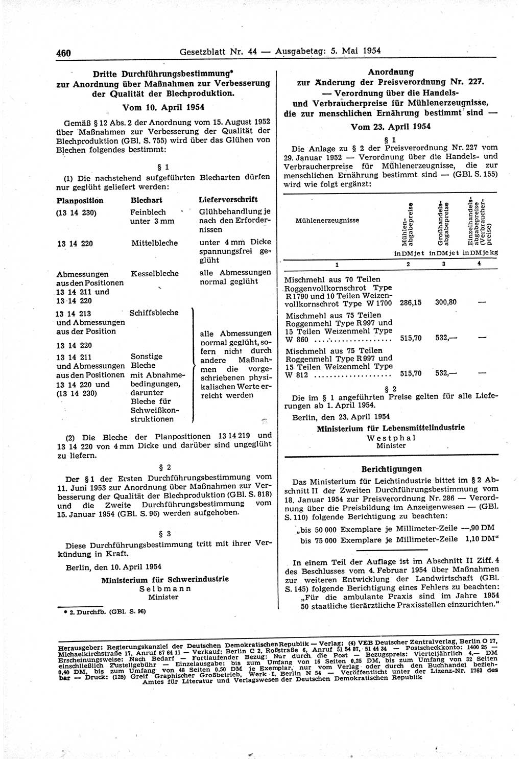 Gesetzblatt (GBl.) der Deutschen Demokratischen Republik (DDR) 1954, Seite 460 (GBl. DDR 1954, S. 460)