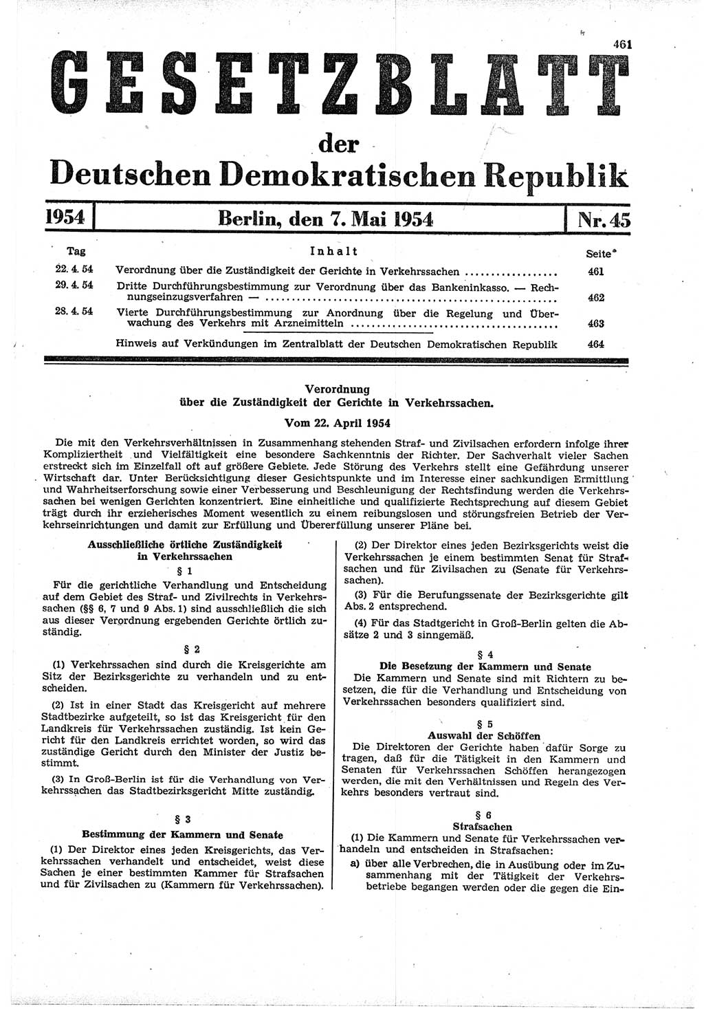 Gesetzblatt (GBl.) der Deutschen Demokratischen Republik (DDR) 1954, Seite 461 (GBl. DDR 1954, S. 461)