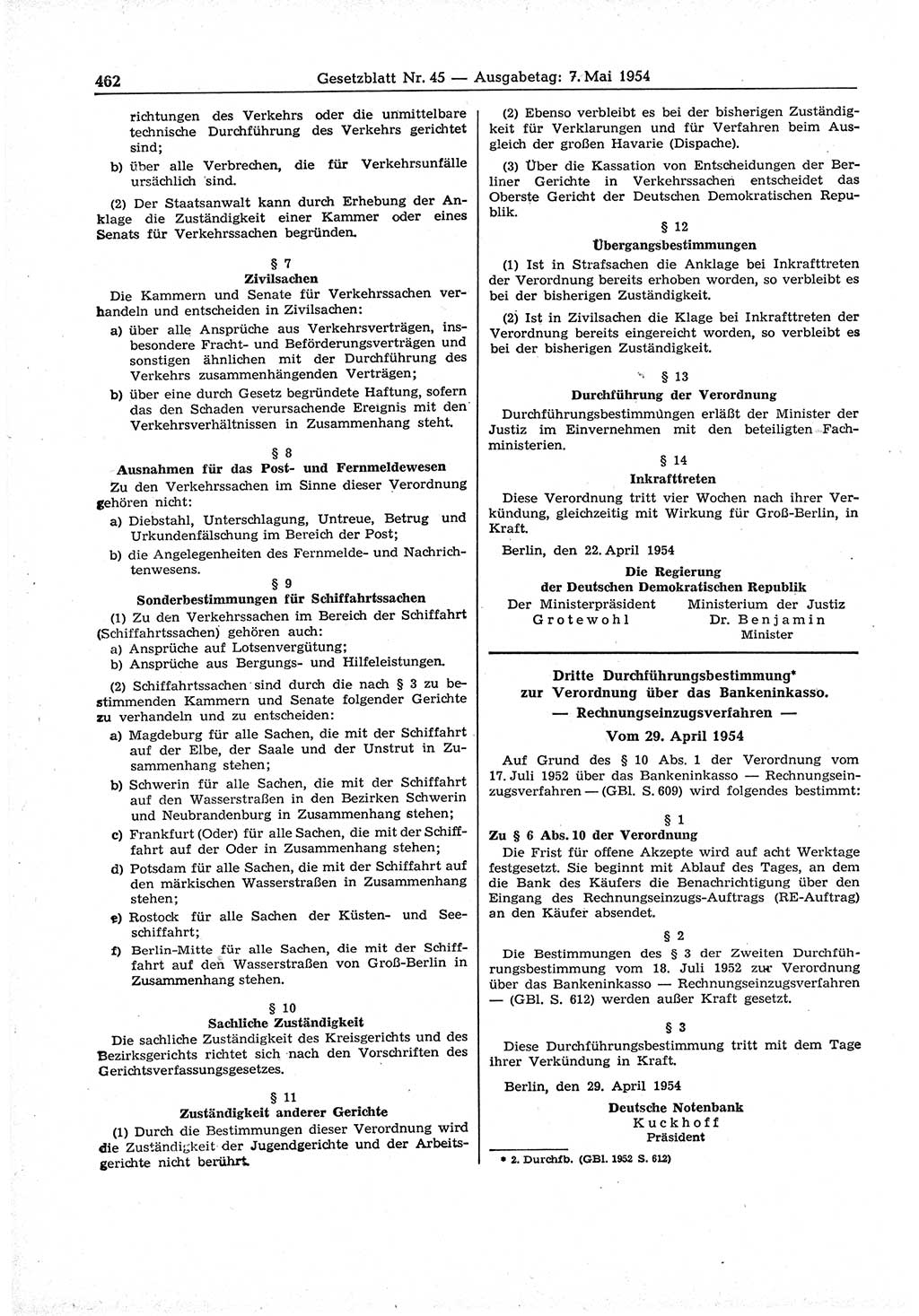 Gesetzblatt (GBl.) der Deutschen Demokratischen Republik (DDR) 1954, Seite 462 (GBl. DDR 1954, S. 462)