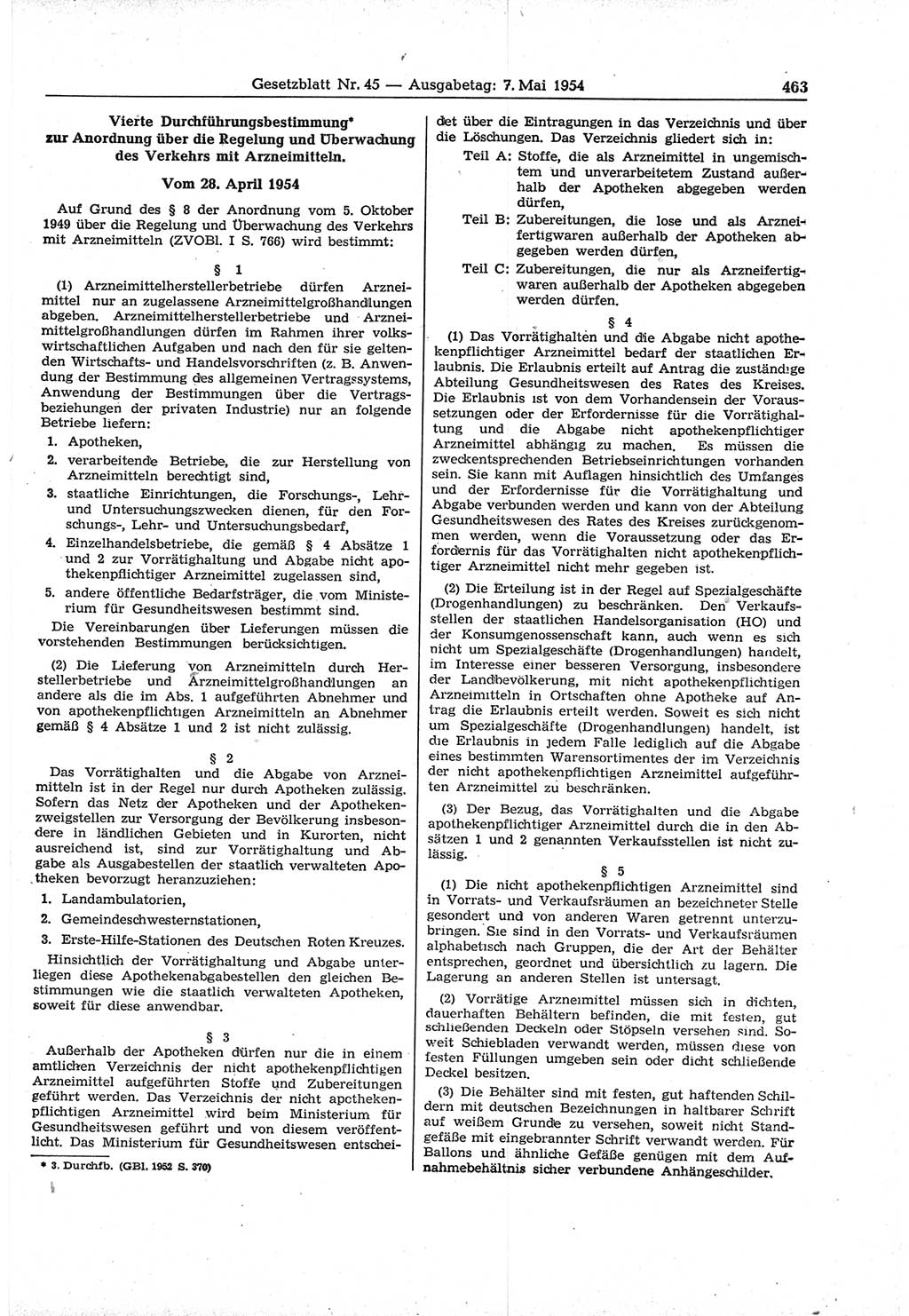 Gesetzblatt (GBl.) der Deutschen Demokratischen Republik (DDR) 1954, Seite 463 (GBl. DDR 1954, S. 463)