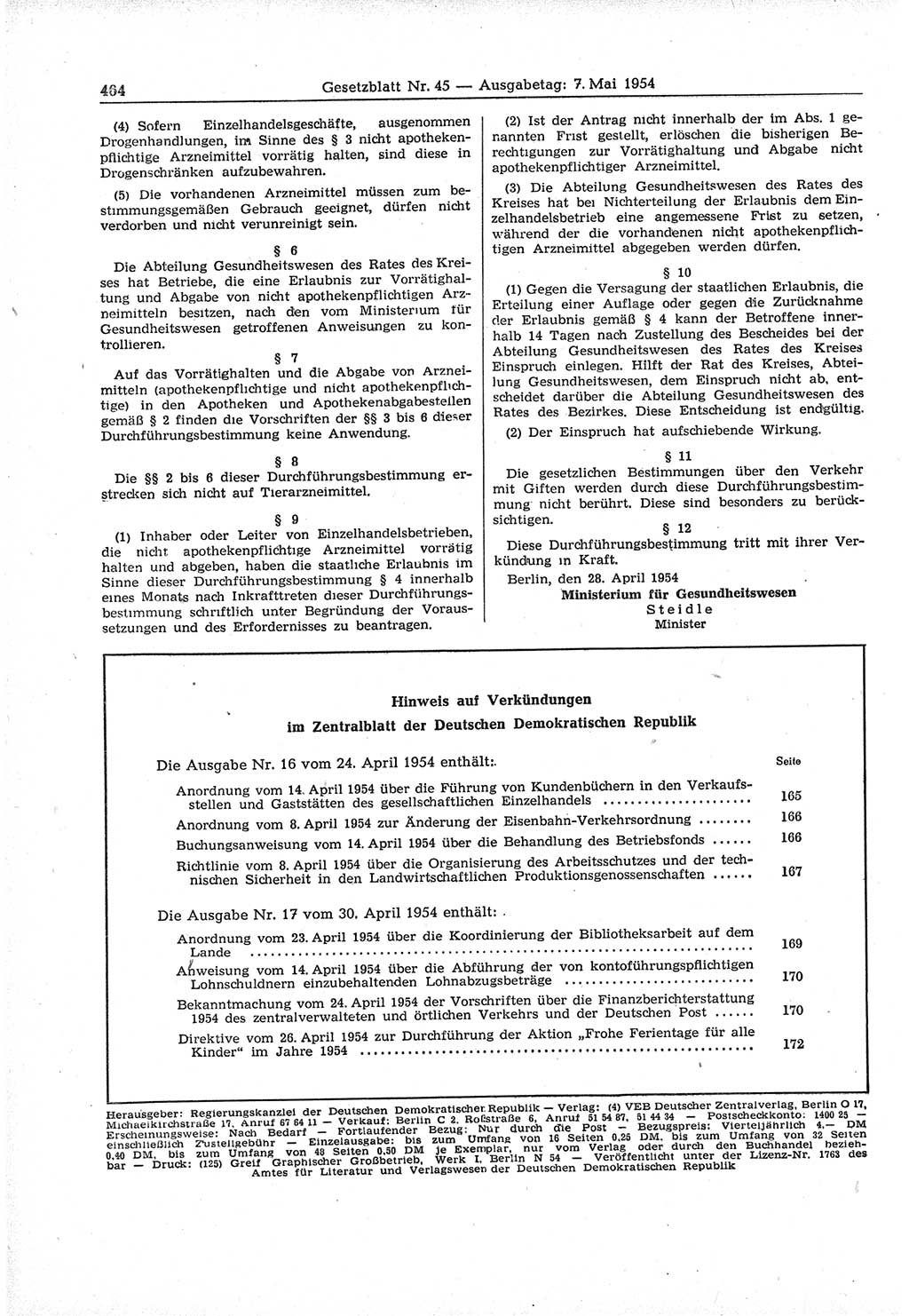 Gesetzblatt (GBl.) der Deutschen Demokratischen Republik (DDR) 1954, Seite 464 (GBl. DDR 1954, S. 464)