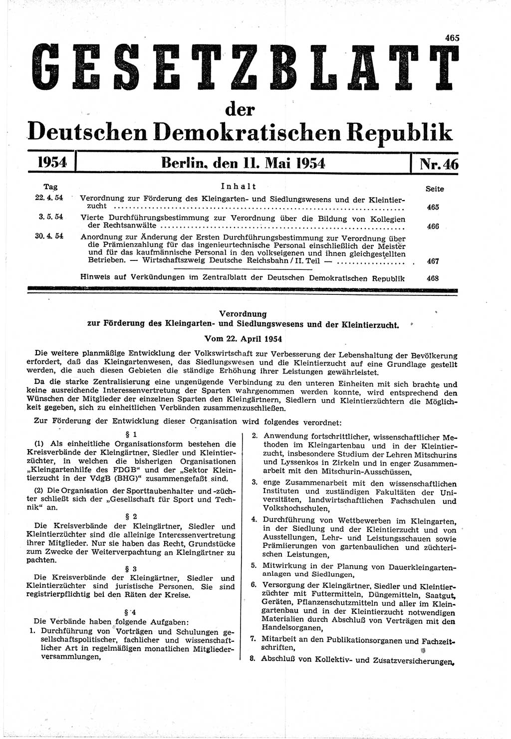 Gesetzblatt (GBl.) der Deutschen Demokratischen Republik (DDR) 1954, Seite 465 (GBl. DDR 1954, S. 465)