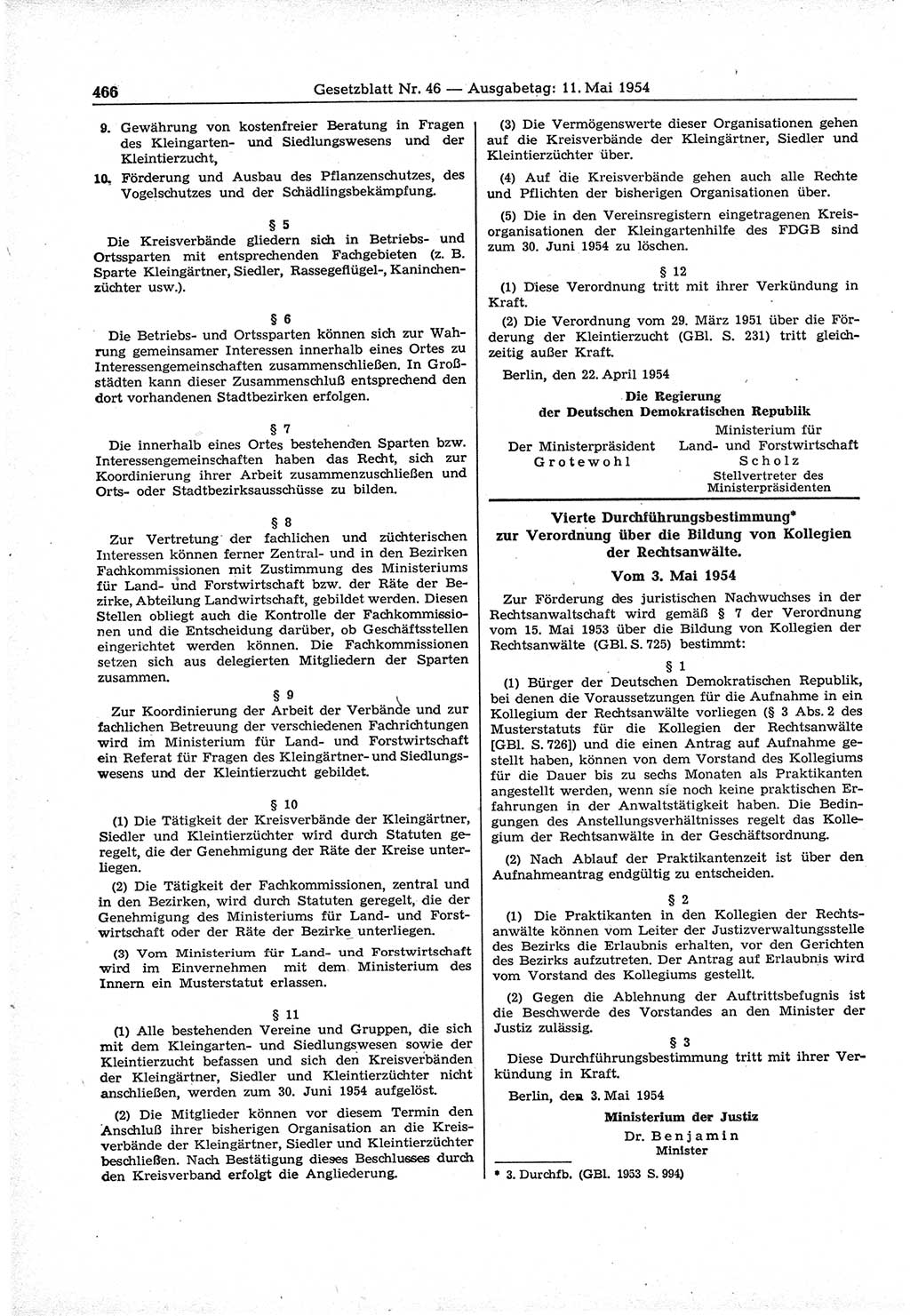 Gesetzblatt (GBl.) der Deutschen Demokratischen Republik (DDR) 1954, Seite 466 (GBl. DDR 1954, S. 466)