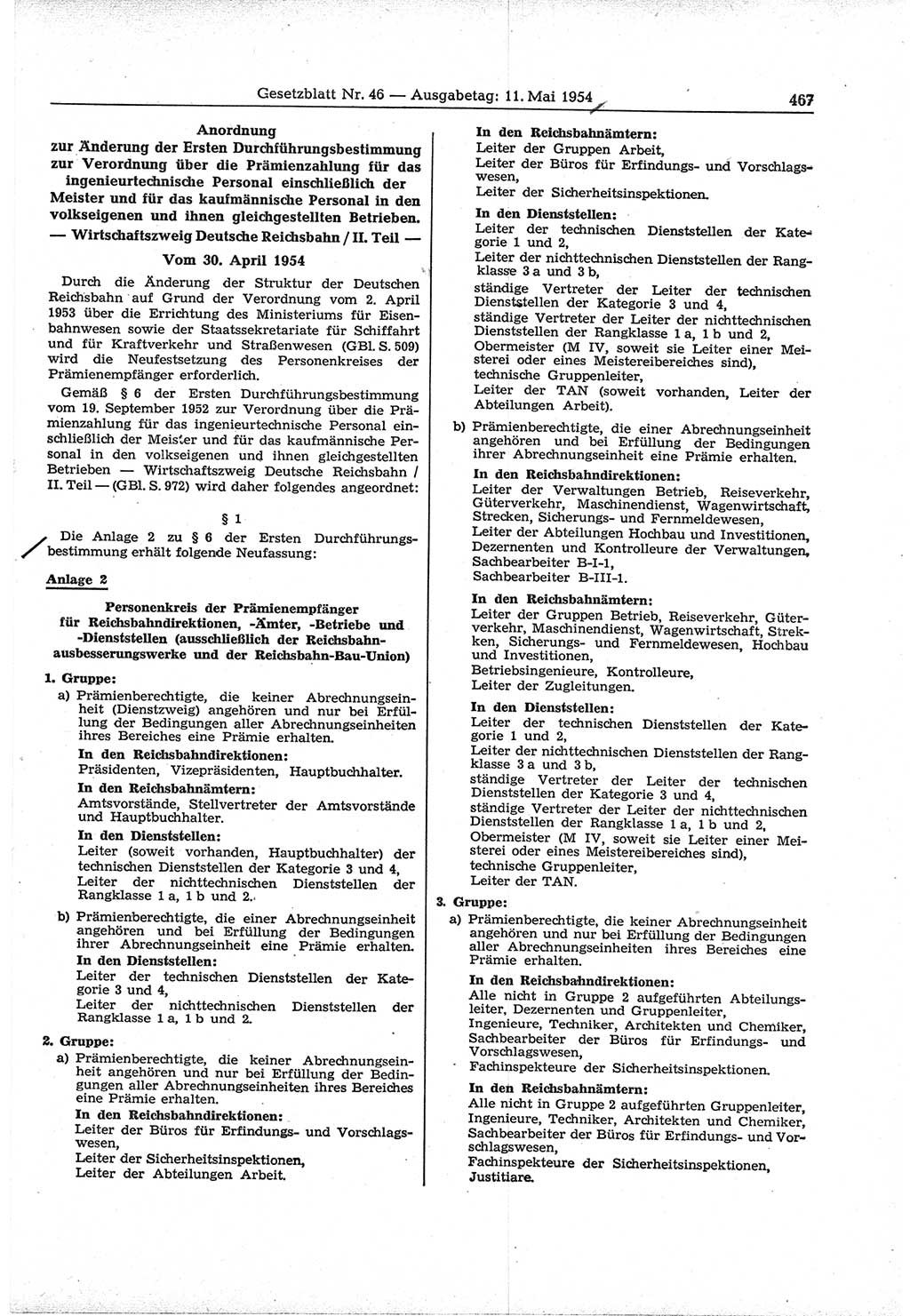 Gesetzblatt (GBl.) der Deutschen Demokratischen Republik (DDR) 1954, Seite 467 (GBl. DDR 1954, S. 467)