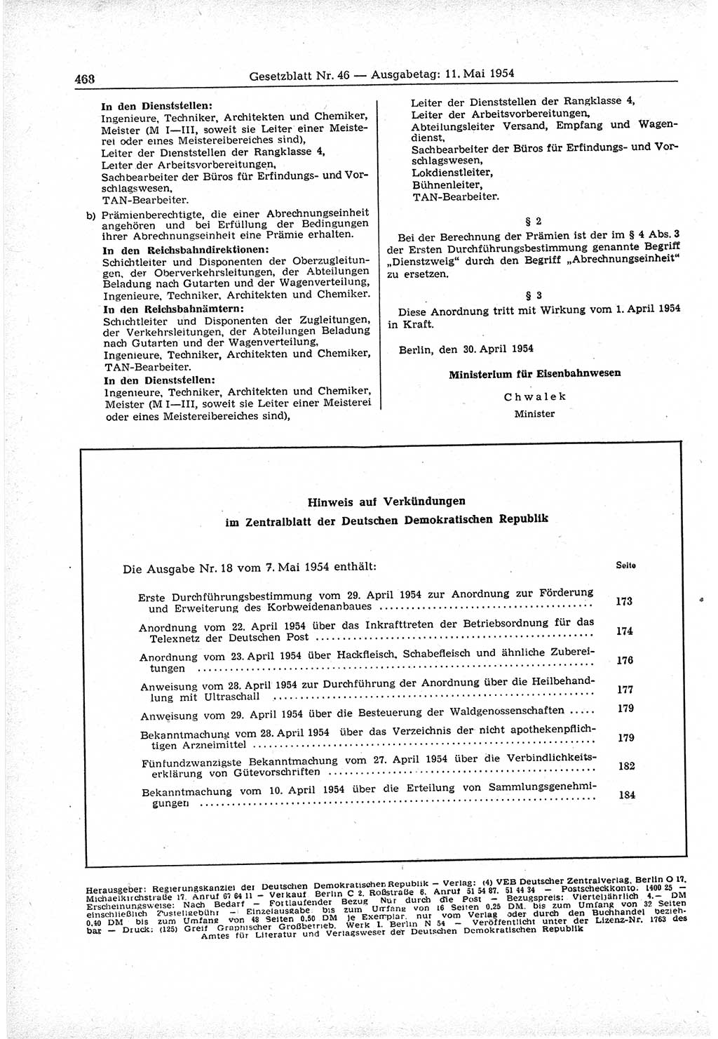 Gesetzblatt (GBl.) der Deutschen Demokratischen Republik (DDR) 1954, Seite 468 (GBl. DDR 1954, S. 468)