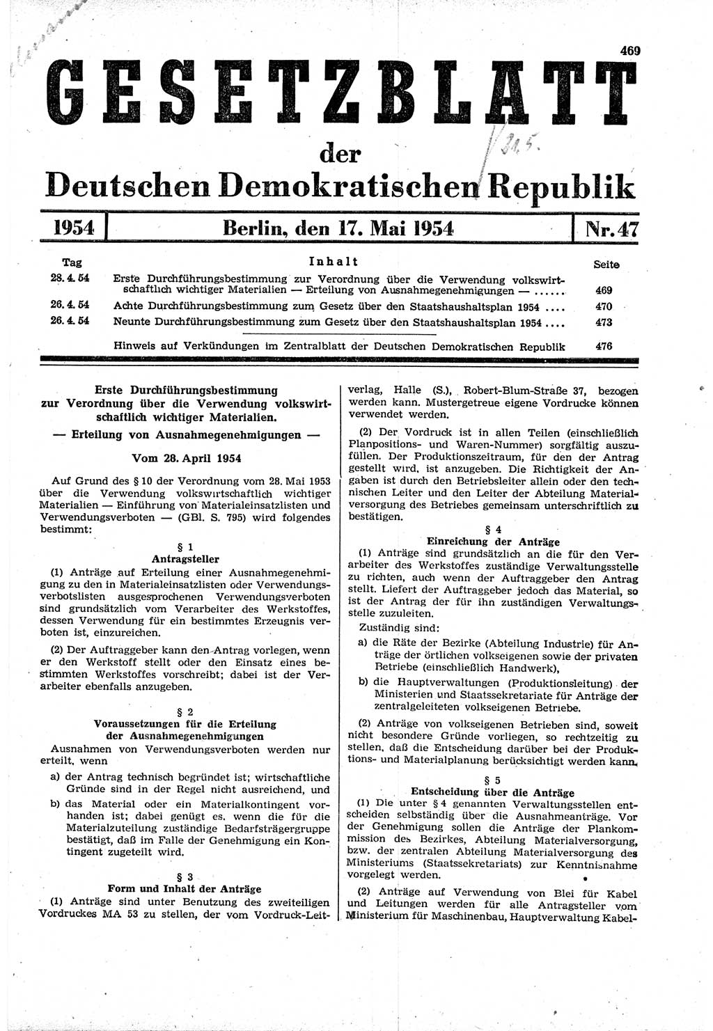 Gesetzblatt (GBl.) der Deutschen Demokratischen Republik (DDR) 1954, Seite 469 (GBl. DDR 1954, S. 469)