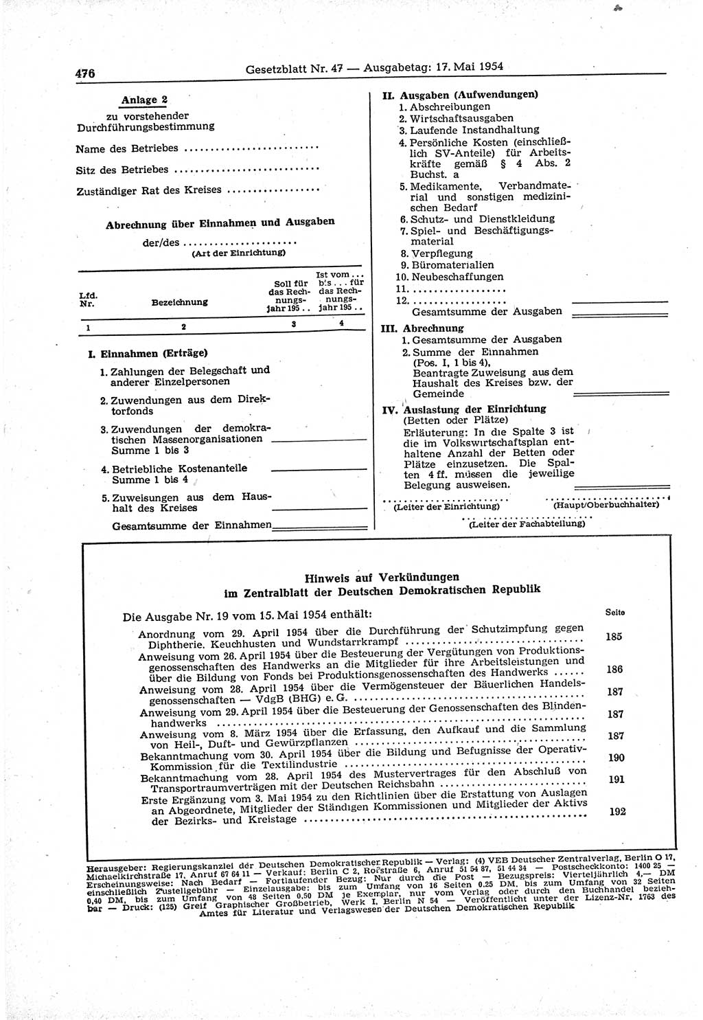 Gesetzblatt (GBl.) der Deutschen Demokratischen Republik (DDR) 1954, Seite 476 (GBl. DDR 1954, S. 476)