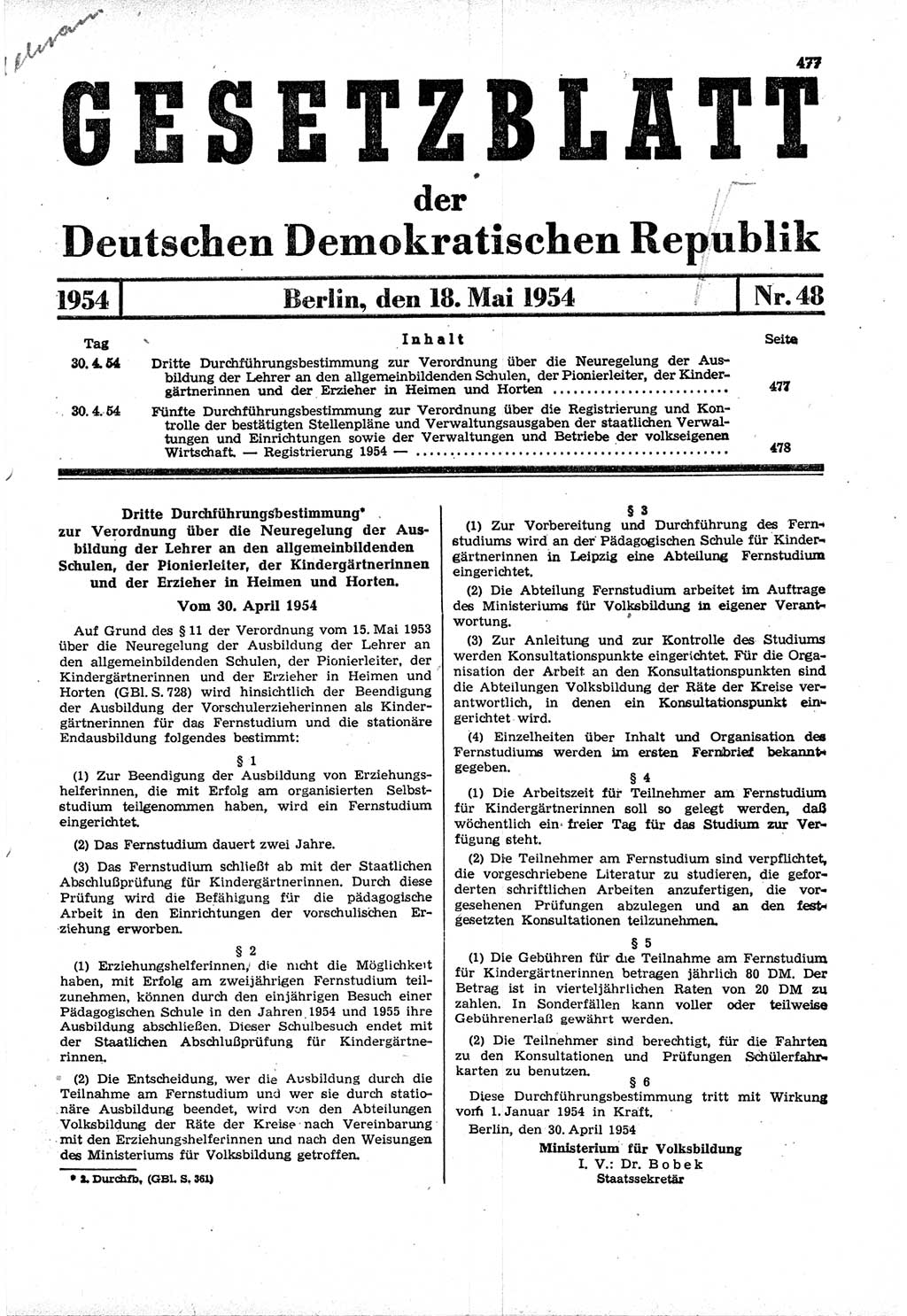 Gesetzblatt (GBl.) der Deutschen Demokratischen Republik (DDR) 1954, Seite 477 (GBl. DDR 1954, S. 477)