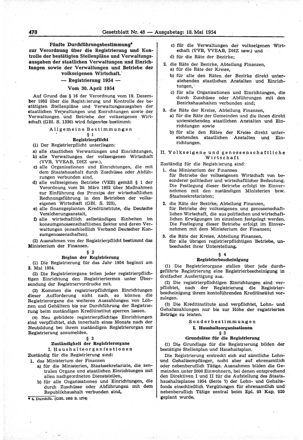 Gesetzblatt (GBl.) der Deutschen Demokratischen Republik (DDR) 1954, Seite 478 (GBl. DDR 1954, S. 478)