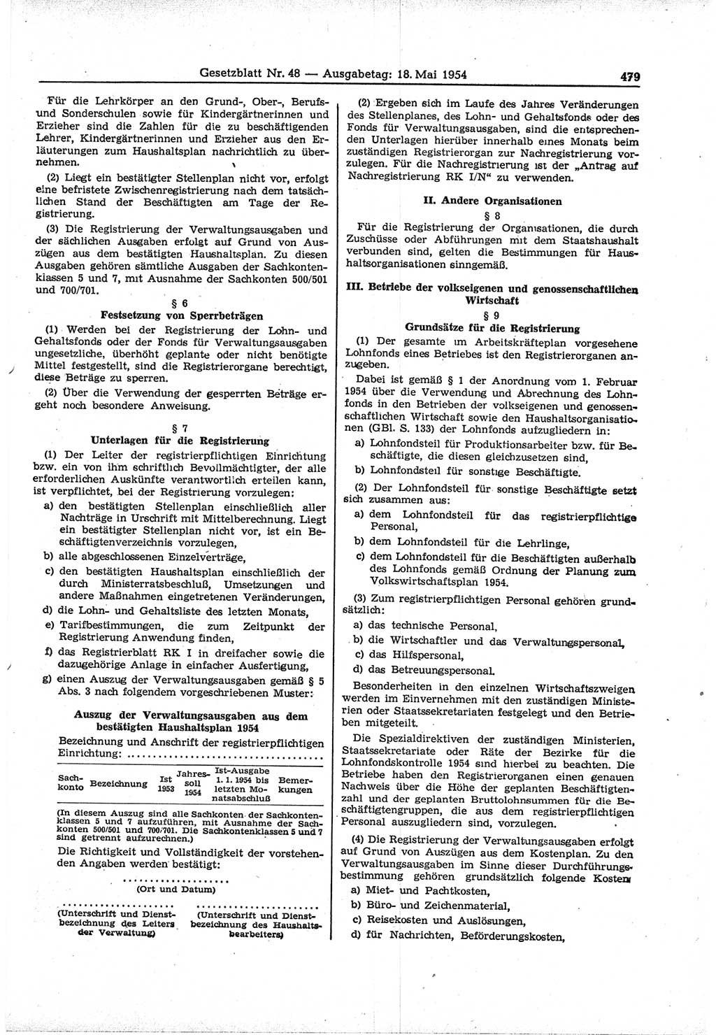Gesetzblatt (GBl.) der Deutschen Demokratischen Republik (DDR) 1954, Seite 479 (GBl. DDR 1954, S. 479)