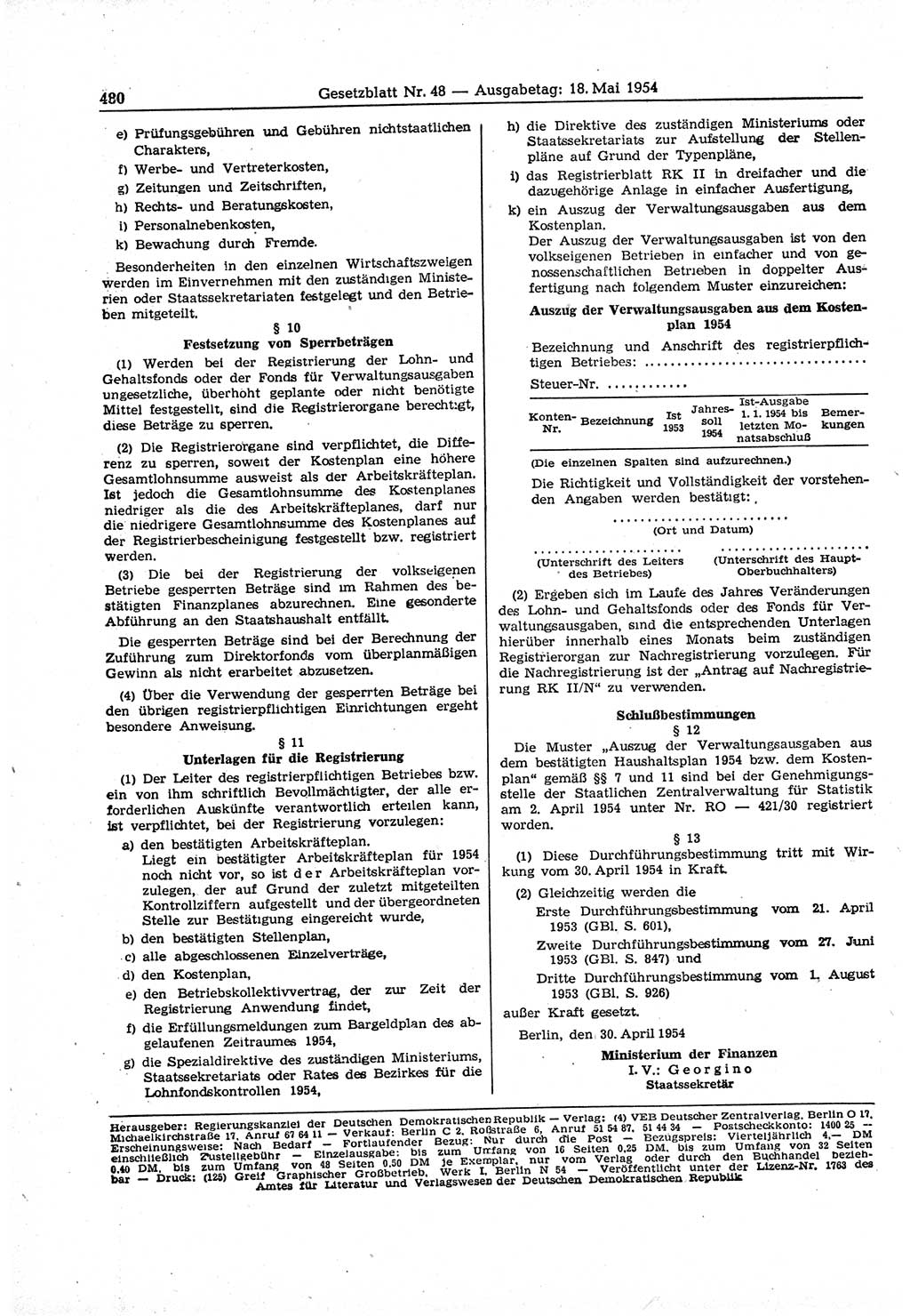 Gesetzblatt (GBl.) der Deutschen Demokratischen Republik (DDR) 1954, Seite 480 (GBl. DDR 1954, S. 480)