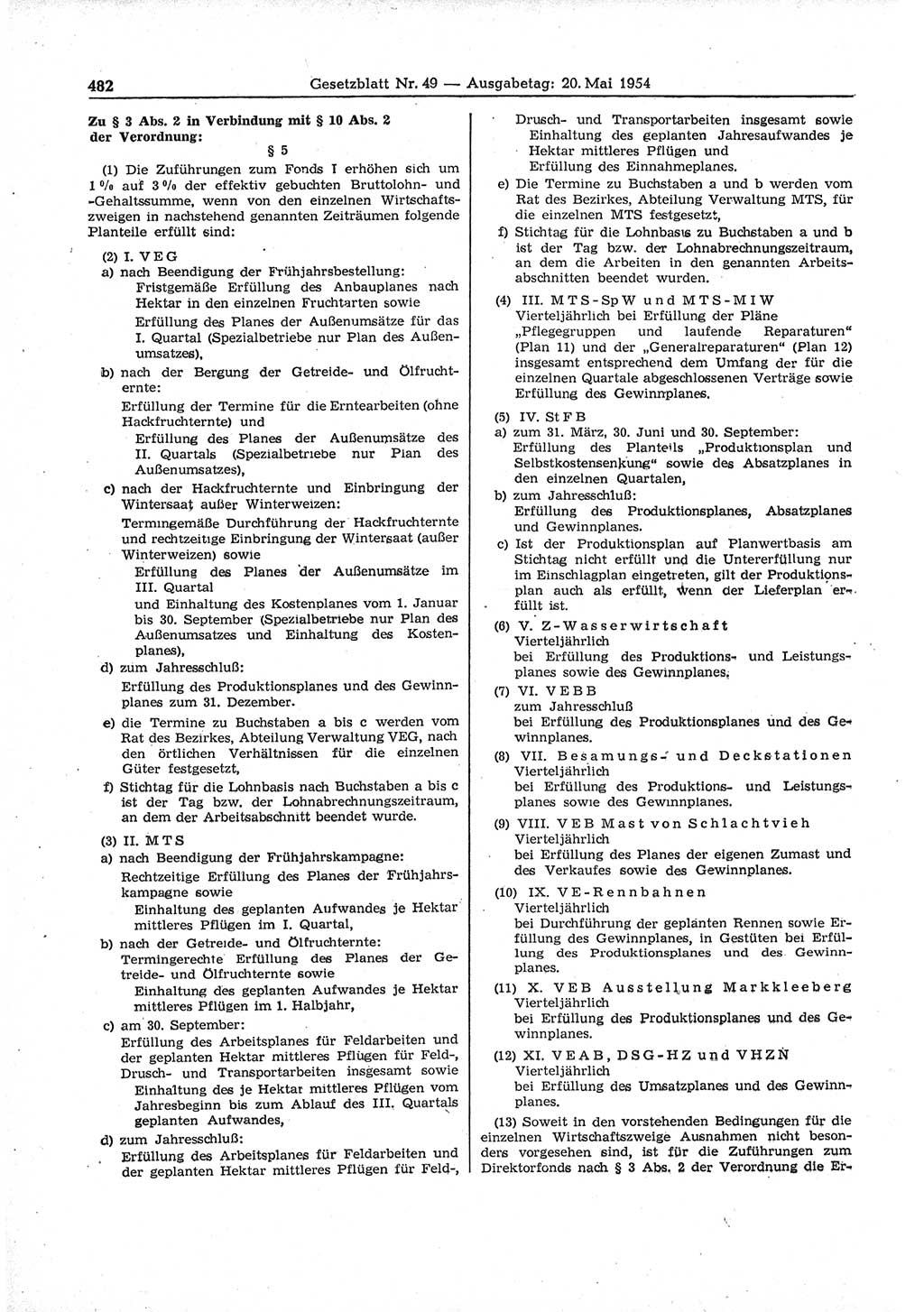 Gesetzblatt (GBl.) der Deutschen Demokratischen Republik (DDR) 1954, Seite 482 (GBl. DDR 1954, S. 482)