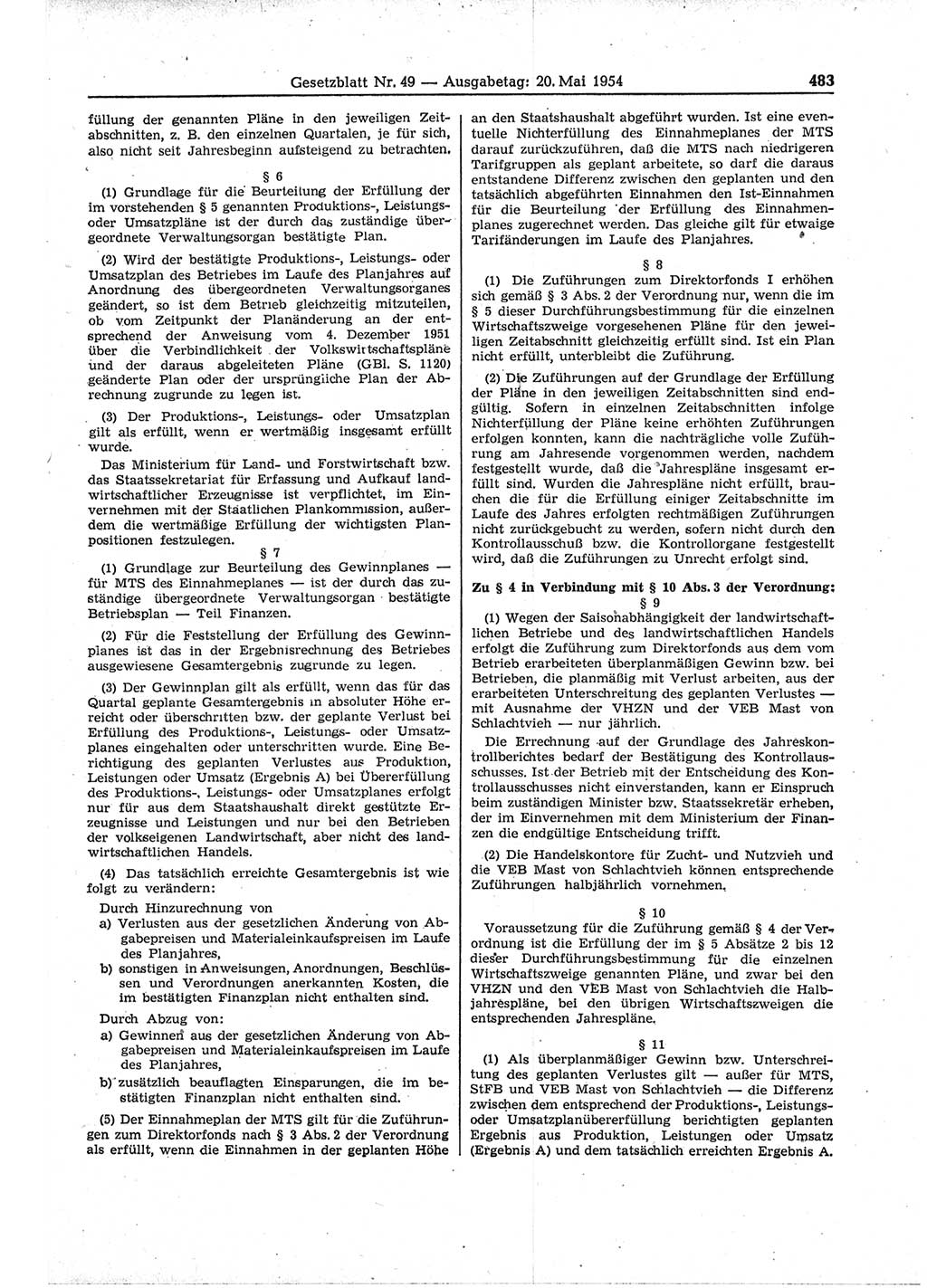 Gesetzblatt (GBl.) der Deutschen Demokratischen Republik (DDR) 1954, Seite 483 (GBl. DDR 1954, S. 483)