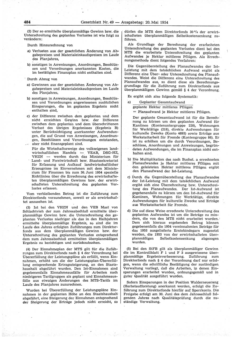 Gesetzblatt (GBl.) der Deutschen Demokratischen Republik (DDR) 1954, Seite 484 (GBl. DDR 1954, S. 484)