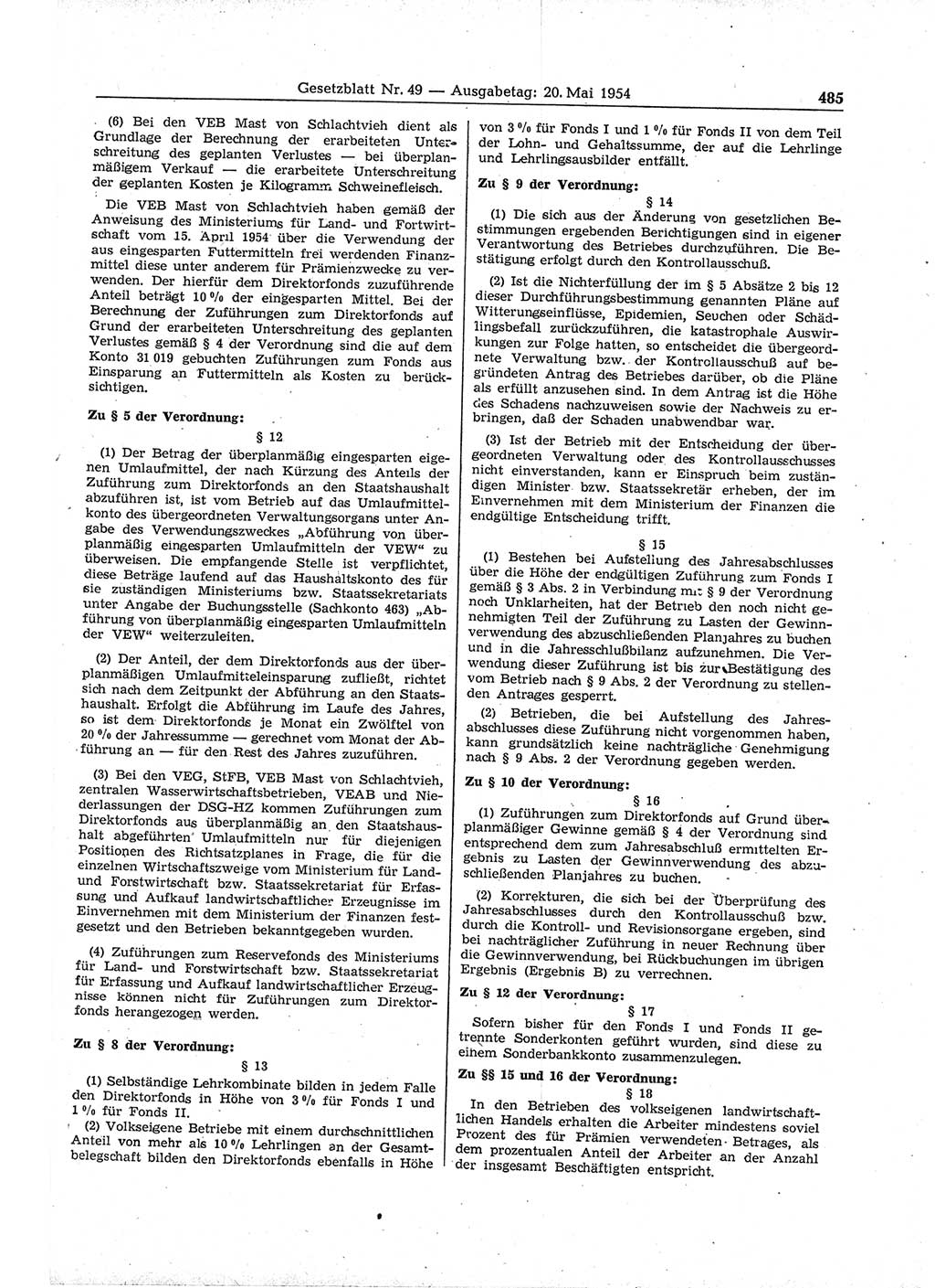 Gesetzblatt (GBl.) der Deutschen Demokratischen Republik (DDR) 1954, Seite 485 (GBl. DDR 1954, S. 485)
