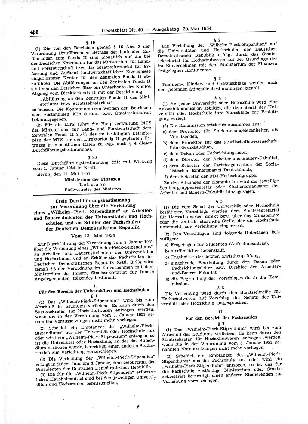 Gesetzblatt (GBl.) der Deutschen Demokratischen Republik (DDR) 1954, Seite 486 (GBl. DDR 1954, S. 486)