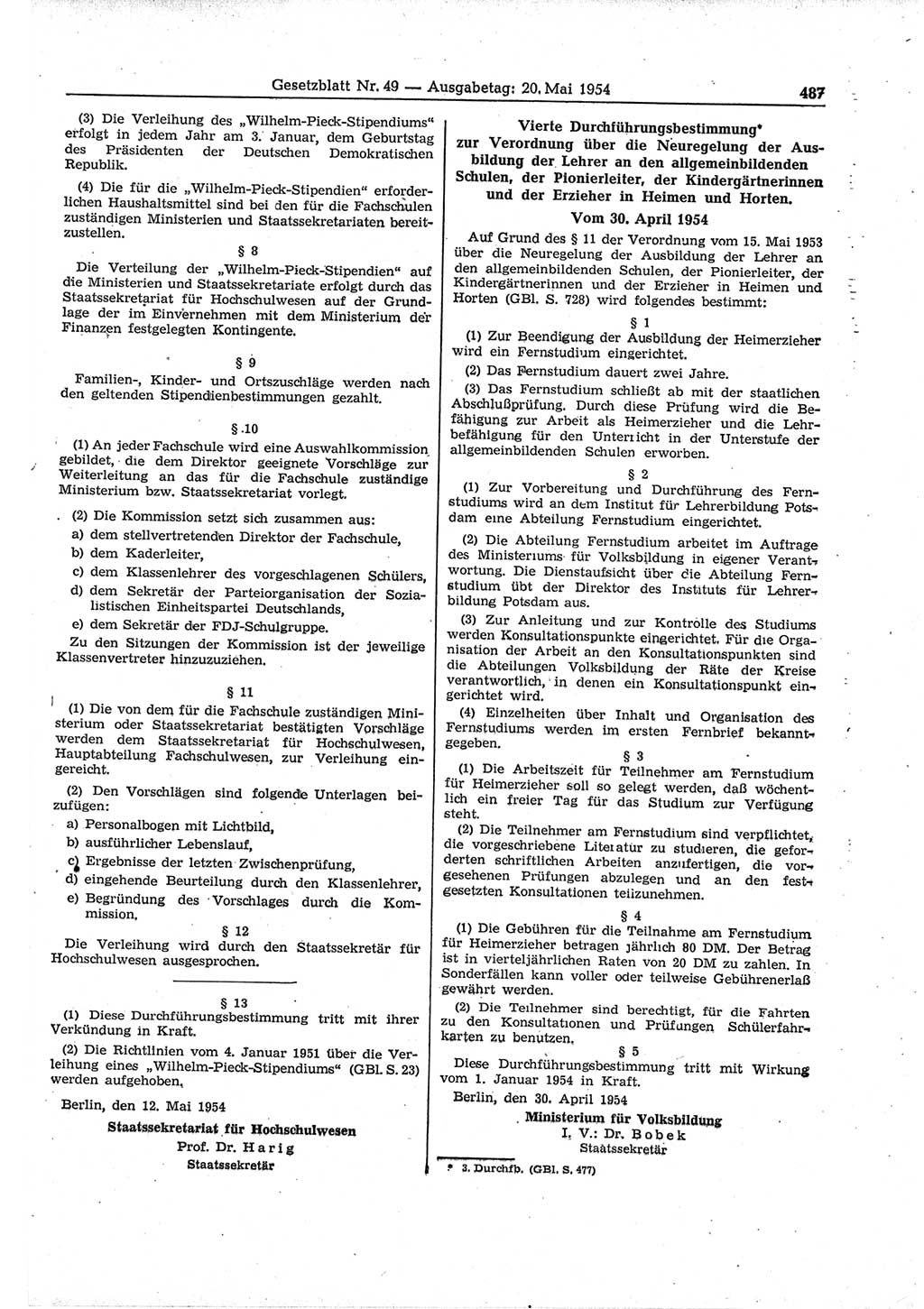 Gesetzblatt (GBl.) der Deutschen Demokratischen Republik (DDR) 1954, Seite 487 (GBl. DDR 1954, S. 487)