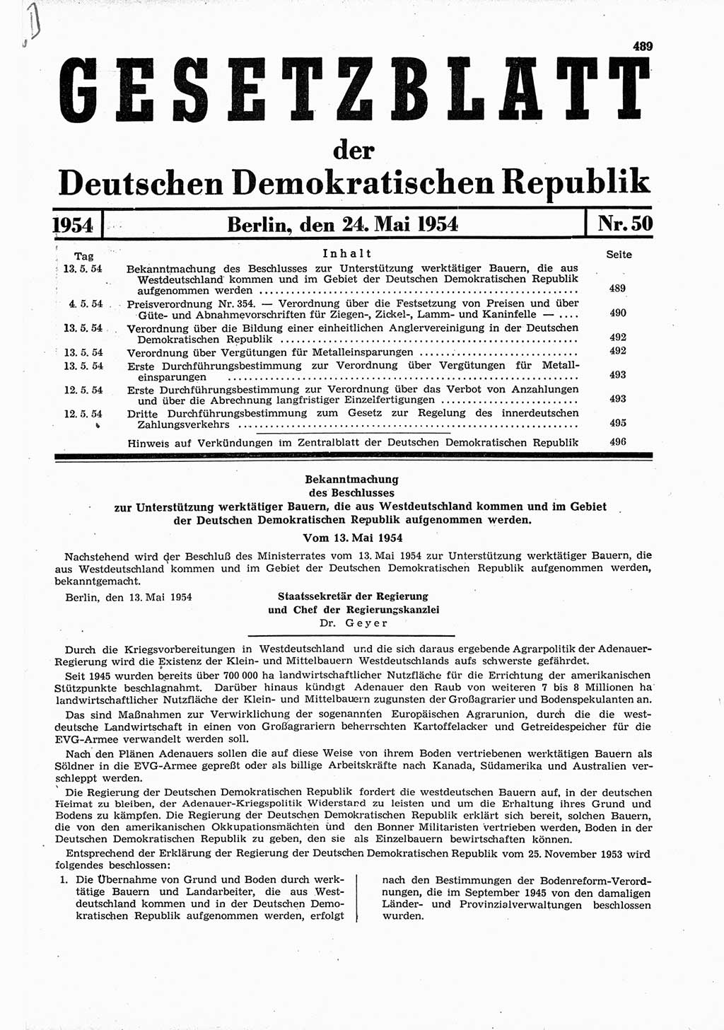 Gesetzblatt (GBl.) der Deutschen Demokratischen Republik (DDR) 1954, Seite 489 (GBl. DDR 1954, S. 489)
