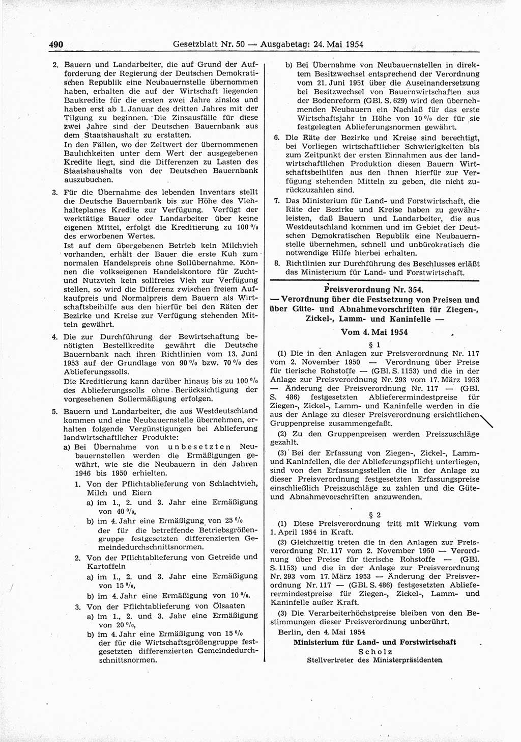 Gesetzblatt (GBl.) der Deutschen Demokratischen Republik (DDR) 1954, Seite 490 (GBl. DDR 1954, S. 490)