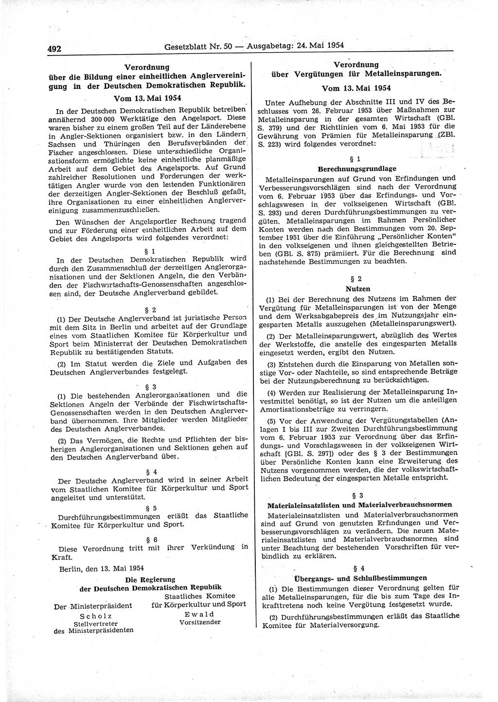 Gesetzblatt (GBl.) der Deutschen Demokratischen Republik (DDR) 1954, Seite 492 (GBl. DDR 1954, S. 492)