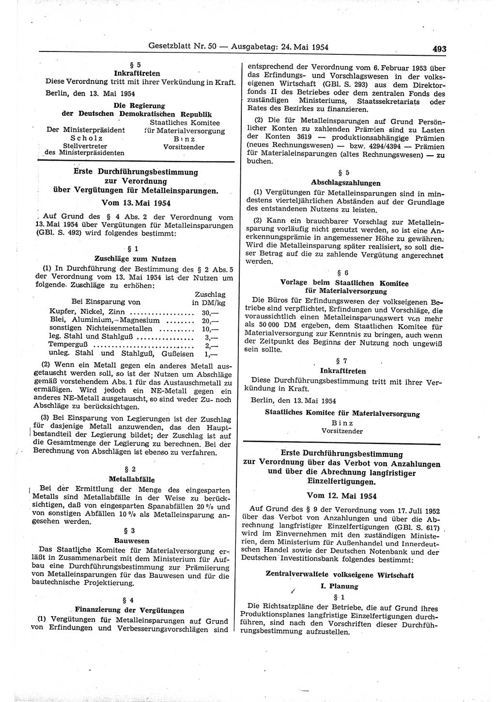 Gesetzblatt (GBl.) der Deutschen Demokratischen Republik (DDR) 1954, Seite 493 (GBl. DDR 1954, S. 493)
