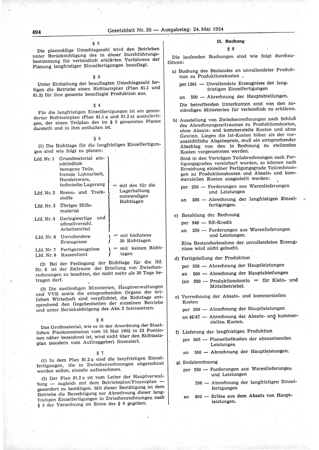 Gesetzblatt (GBl.) der Deutschen Demokratischen Republik (DDR) 1954, Seite 494 (GBl. DDR 1954, S. 494)