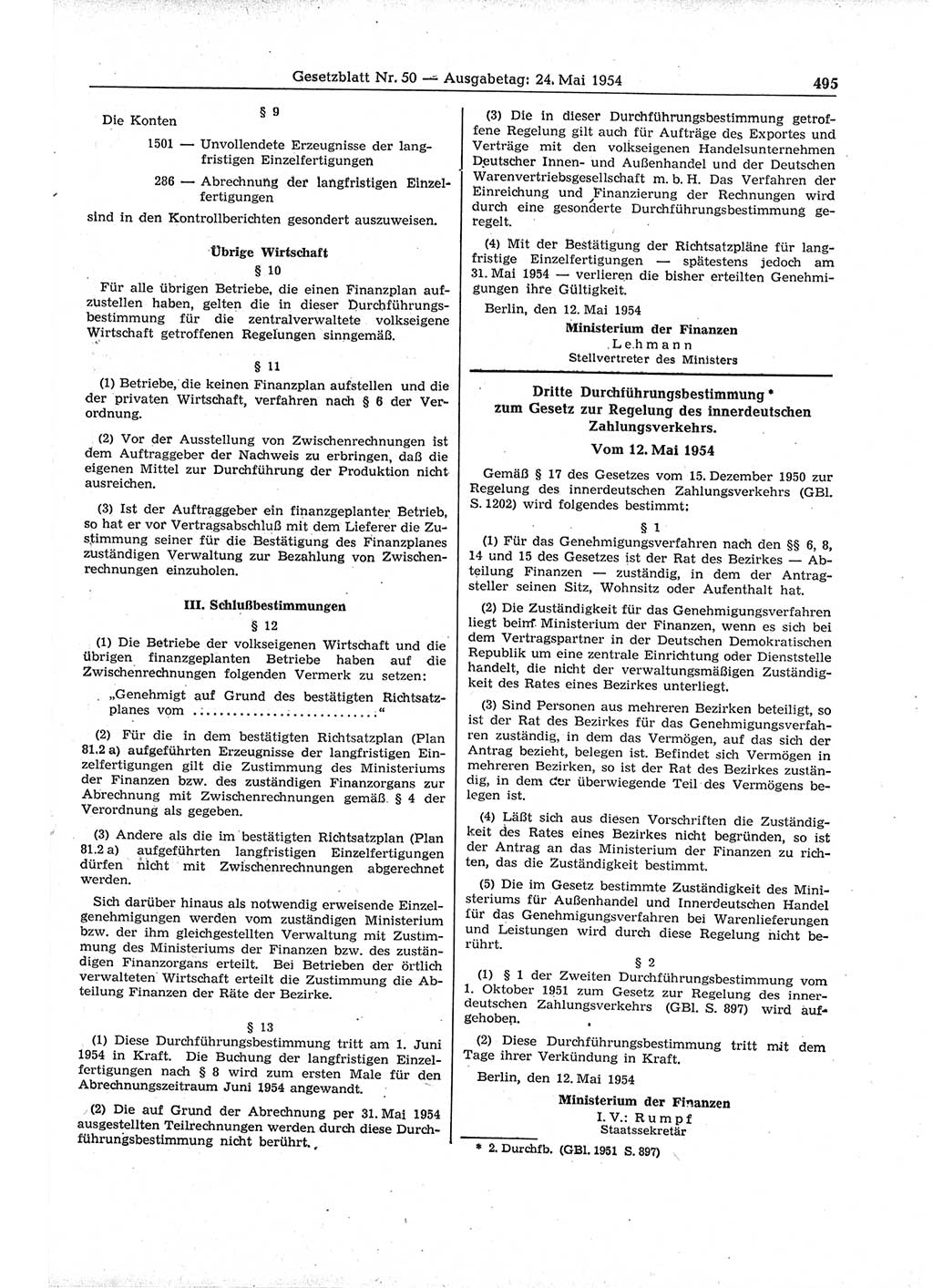 Gesetzblatt (GBl.) der Deutschen Demokratischen Republik (DDR) 1954, Seite 495 (GBl. DDR 1954, S. 495)