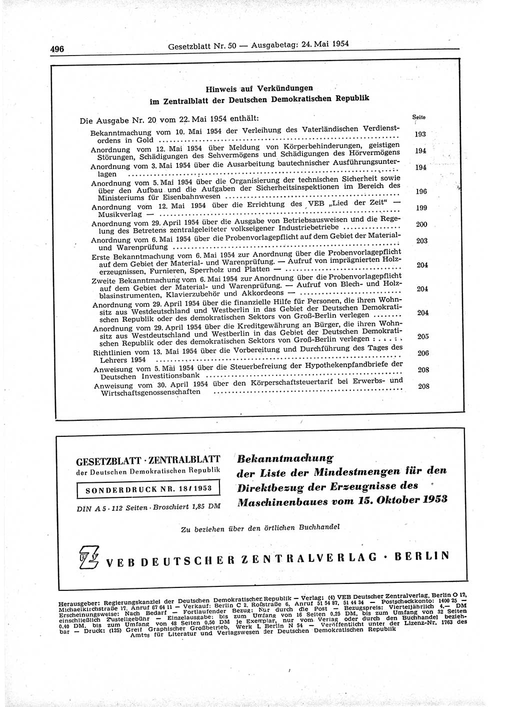 Gesetzblatt (GBl.) der Deutschen Demokratischen Republik (DDR) 1954, Seite 496 (GBl. DDR 1954, S. 496)