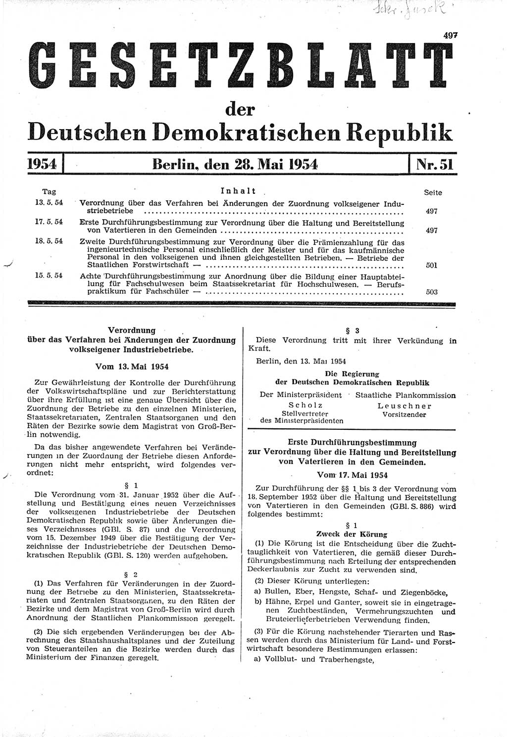Gesetzblatt (GBl.) der Deutschen Demokratischen Republik (DDR) 1954, Seite 497 (GBl. DDR 1954, S. 497)