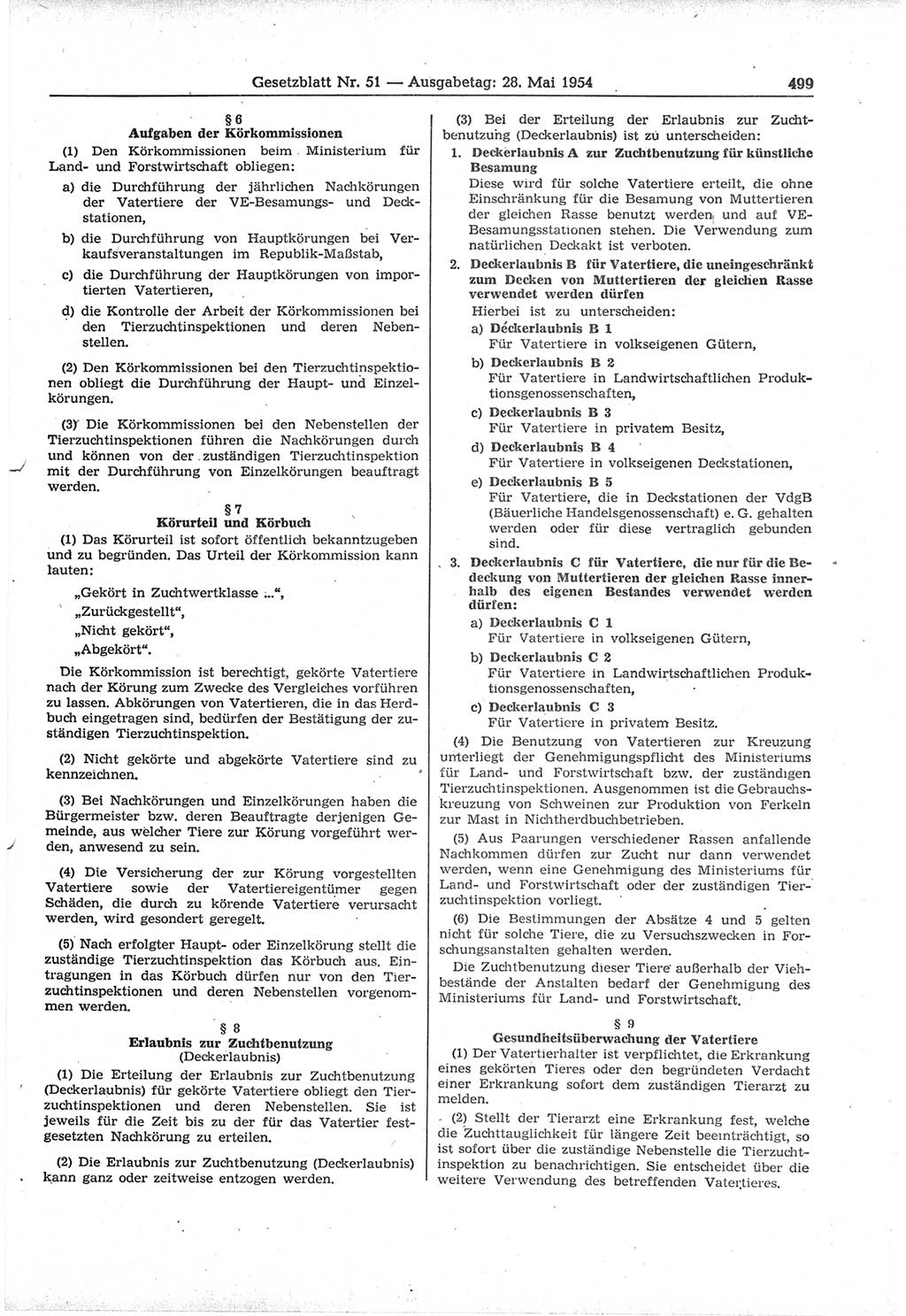 Gesetzblatt (GBl.) der Deutschen Demokratischen Republik (DDR) 1954, Seite 499 (GBl. DDR 1954, S. 499)