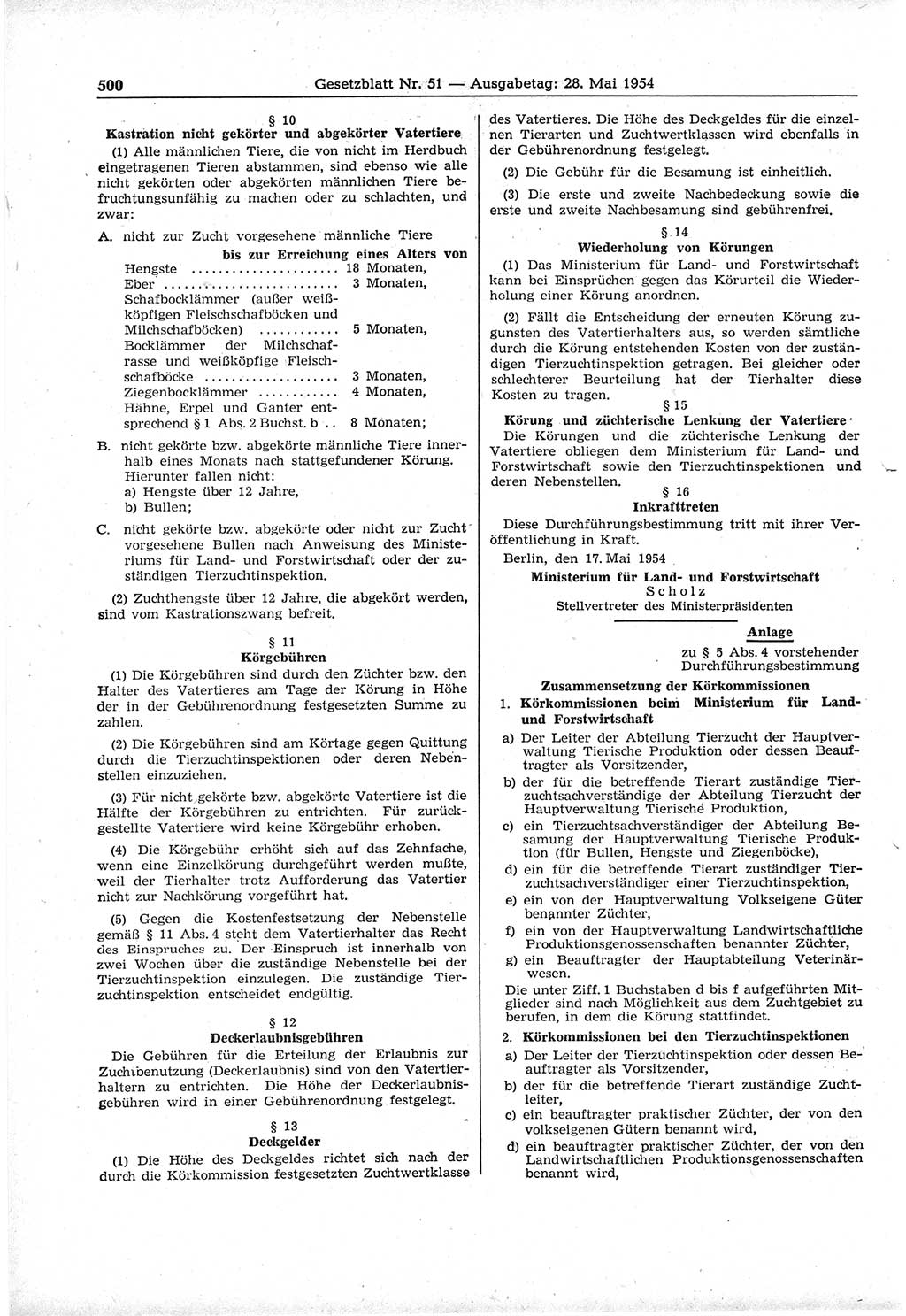 Gesetzblatt (GBl.) der Deutschen Demokratischen Republik (DDR) 1954, Seite 500 (GBl. DDR 1954, S. 500)