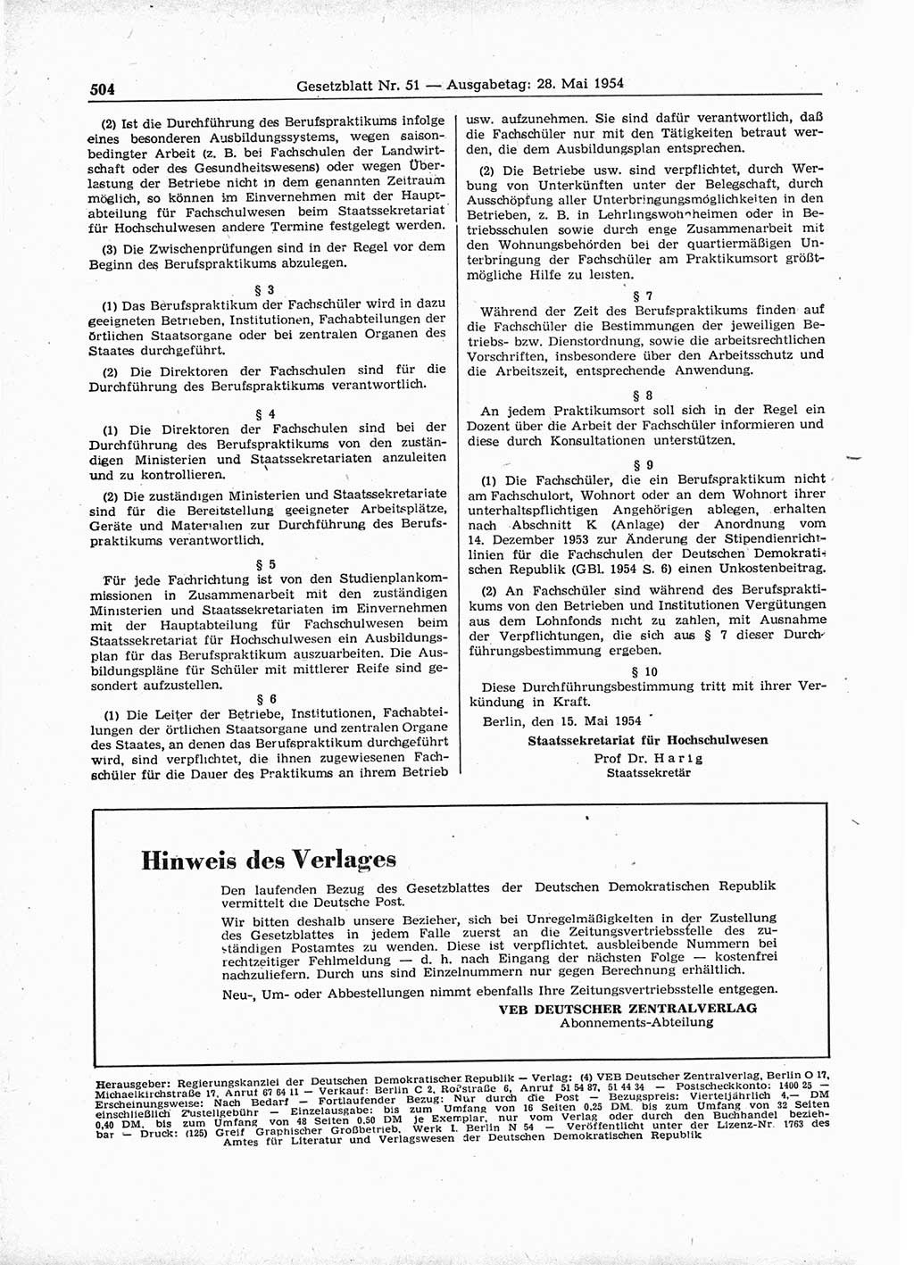 Gesetzblatt (GBl.) der Deutschen Demokratischen Republik (DDR) 1954, Seite 504 (GBl. DDR 1954, S. 504)