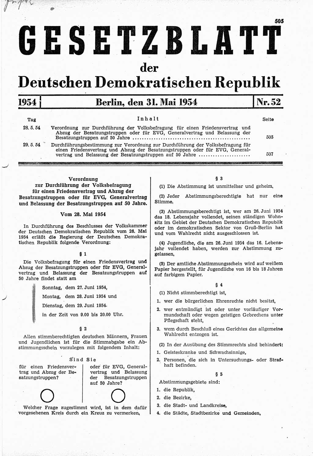 Gesetzblatt (GBl.) der Deutschen Demokratischen Republik (DDR) 1954, Seite 505 (GBl. DDR 1954, S. 505)