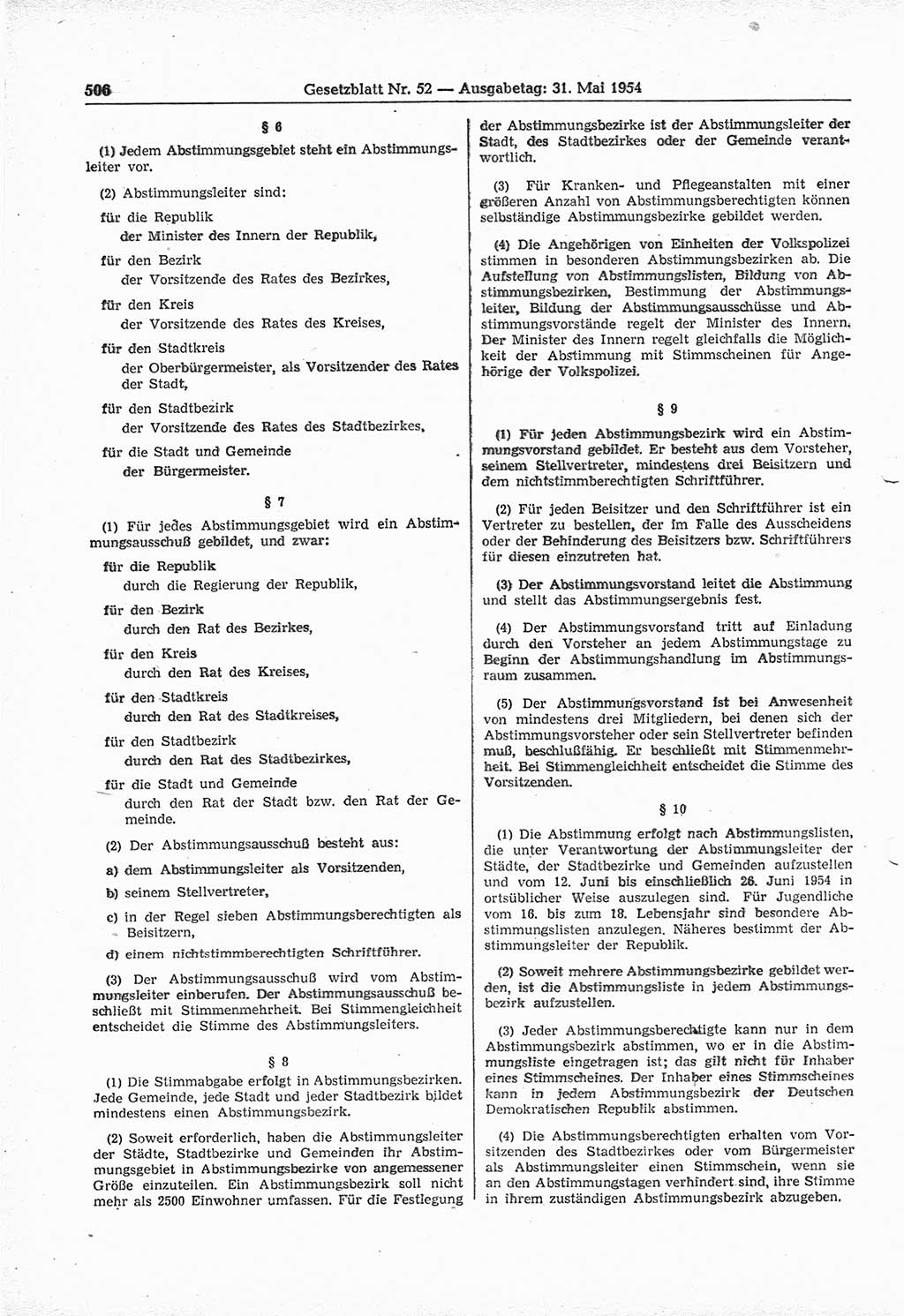 Gesetzblatt (GBl.) der Deutschen Demokratischen Republik (DDR) 1954, Seite 506 (GBl. DDR 1954, S. 506)