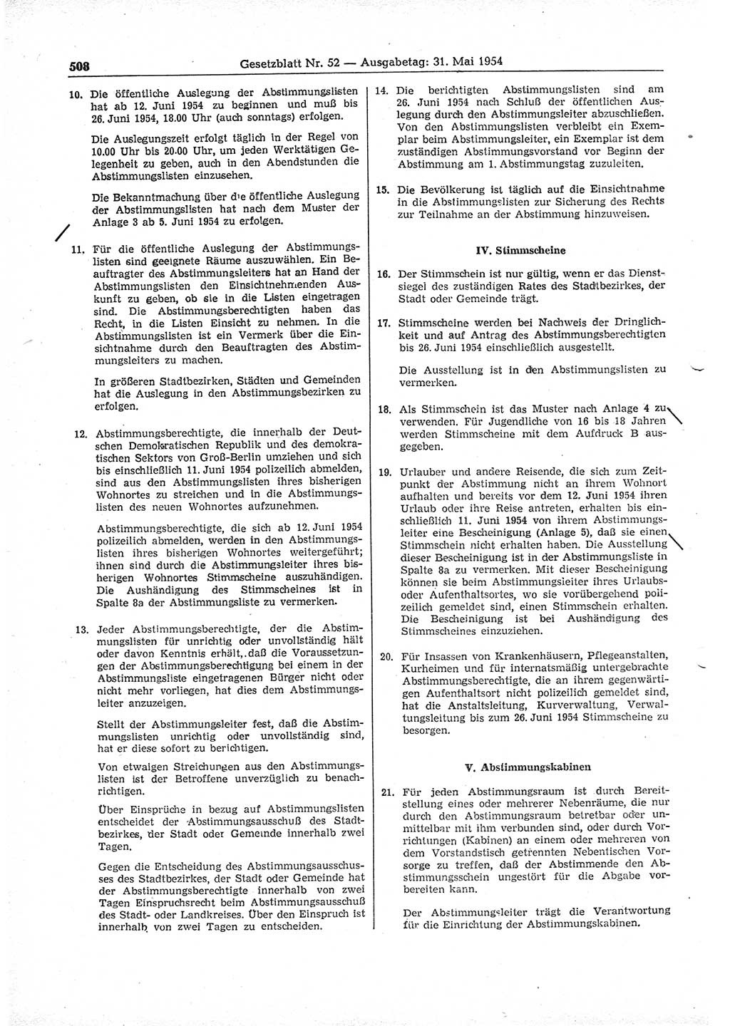 Gesetzblatt (GBl.) der Deutschen Demokratischen Republik (DDR) 1954, Seite 508 (GBl. DDR 1954, S. 508)