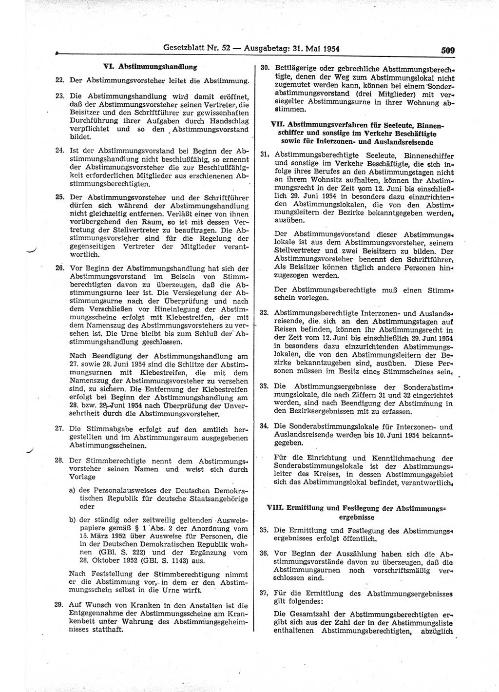 Gesetzblatt (GBl.) der Deutschen Demokratischen Republik (DDR) 1954, Seite 509 (GBl. DDR 1954, S. 509)