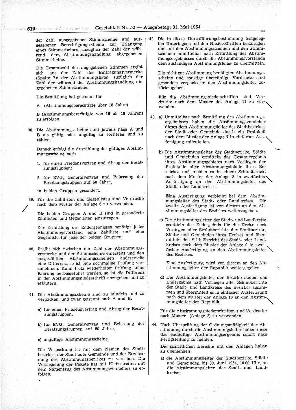 Gesetzblatt (GBl.) der Deutschen Demokratischen Republik (DDR) 1954, Seite 510 (GBl. DDR 1954, S. 510)
