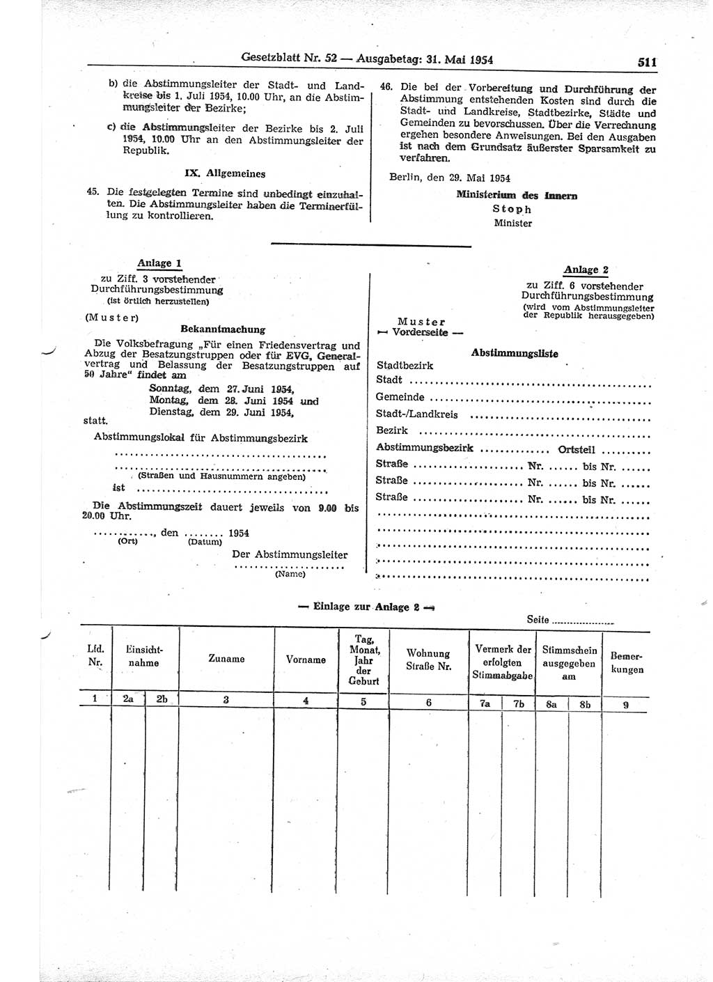 Gesetzblatt (GBl.) der Deutschen Demokratischen Republik (DDR) 1954, Seite 511 (GBl. DDR 1954, S. 511)