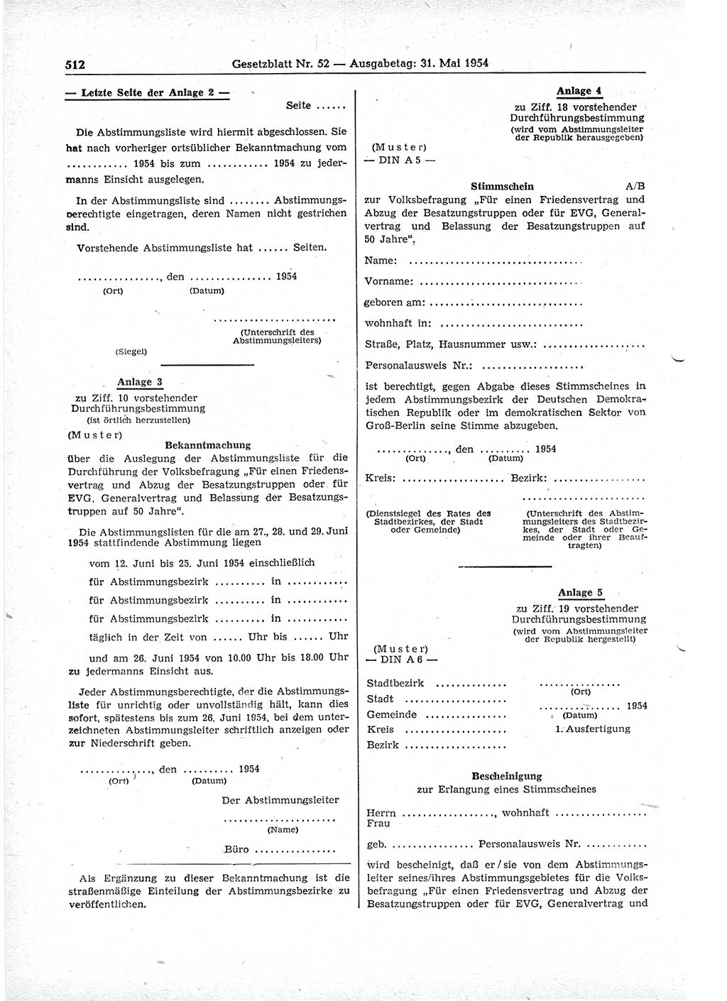 Gesetzblatt (GBl.) der Deutschen Demokratischen Republik (DDR) 1954, Seite 512 (GBl. DDR 1954, S. 512)